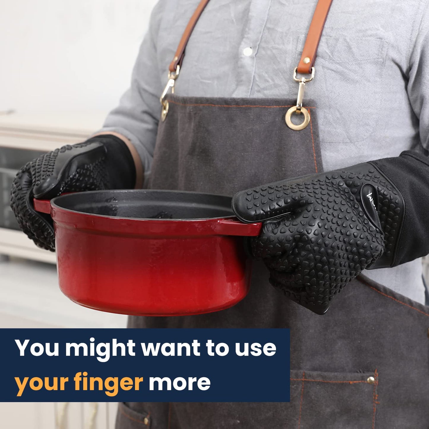 GEEKHOM BBQ Gloves, Grilling Gloves Heat Resistant Oven Gloves, Kitchen Silicone Oven Mitts, Long Waterproof Non-Slip Pot Holder for Barbecue, Cooking, Baking, Black