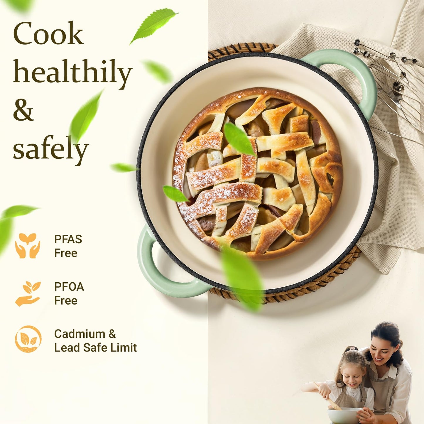 Overmont Enameled Cast Iron Dutch Oven - 5.5QT Pot with Lid Cookbook & Cotton Potholders - Heavy-Duty Cookware for Braising, Stews, Roasting, Bread Baking white