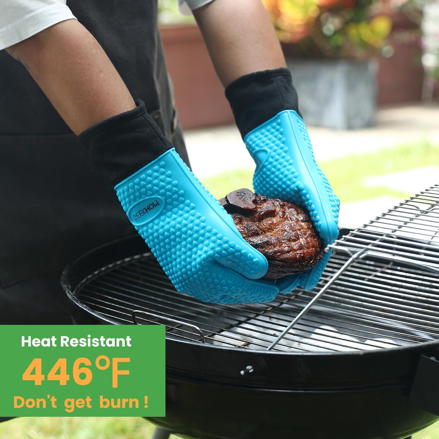 GEEKHOM BBQ Gloves, Grilling Gloves Heat Resistant Oven Gloves, Kitchen Silicone Oven Mitts, Long Waterproof Non-Slip Pot Holder for Barbecue, Cooking, Baking, Black