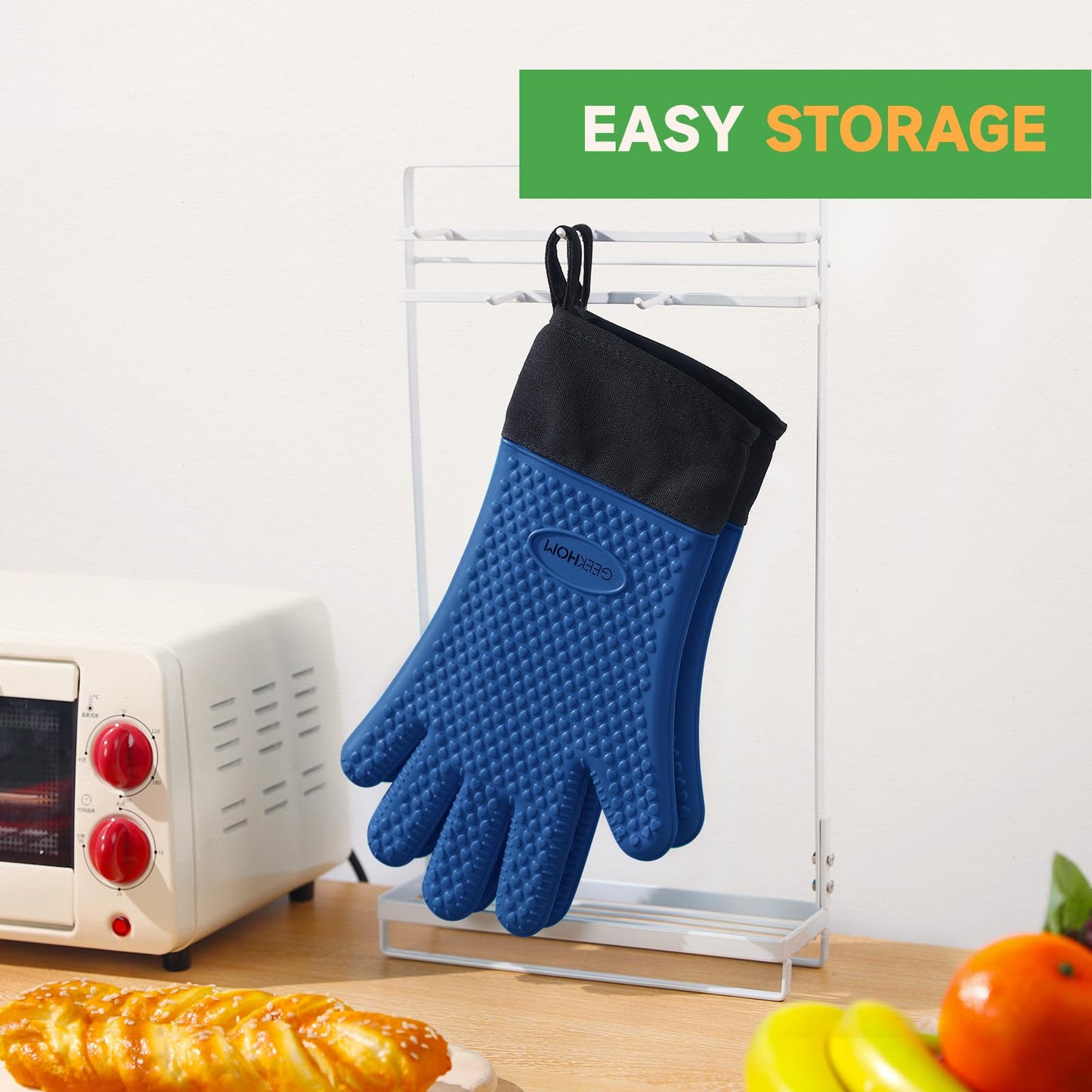 GEEKHOM BBQ Gloves, Grilling Gloves Heat Resistant Oven Gloves, Kitchen Silicone Oven Mitts, Long Waterproof Non-Slip Pot Holder for Barbecue, Cooking, Baking, Black