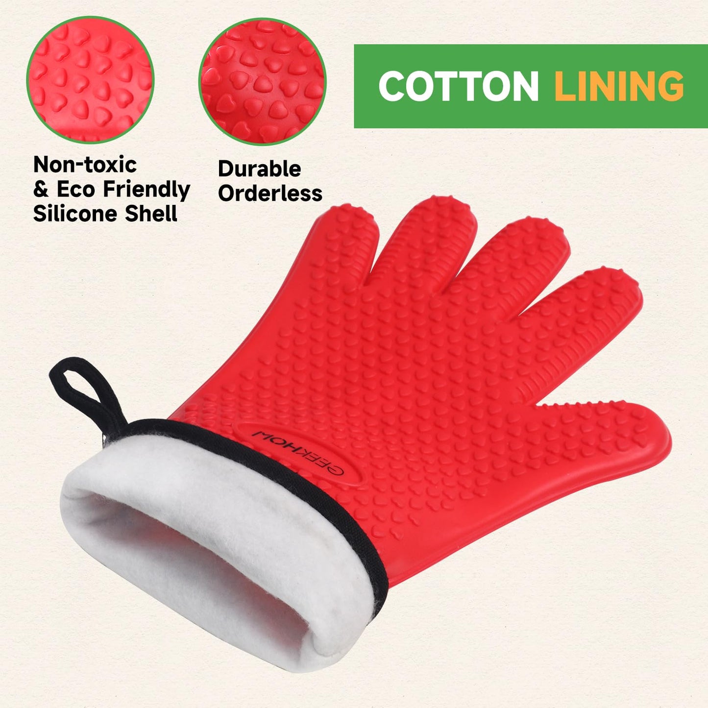 GEEKHOM BBQ Gloves, Grilling Gloves Heat Resistant Oven Gloves, Kitchen Silicone Oven Mitts, Long Waterproof Non-Slip Pot Holder for Barbecue, Cooking, Baking, Black
