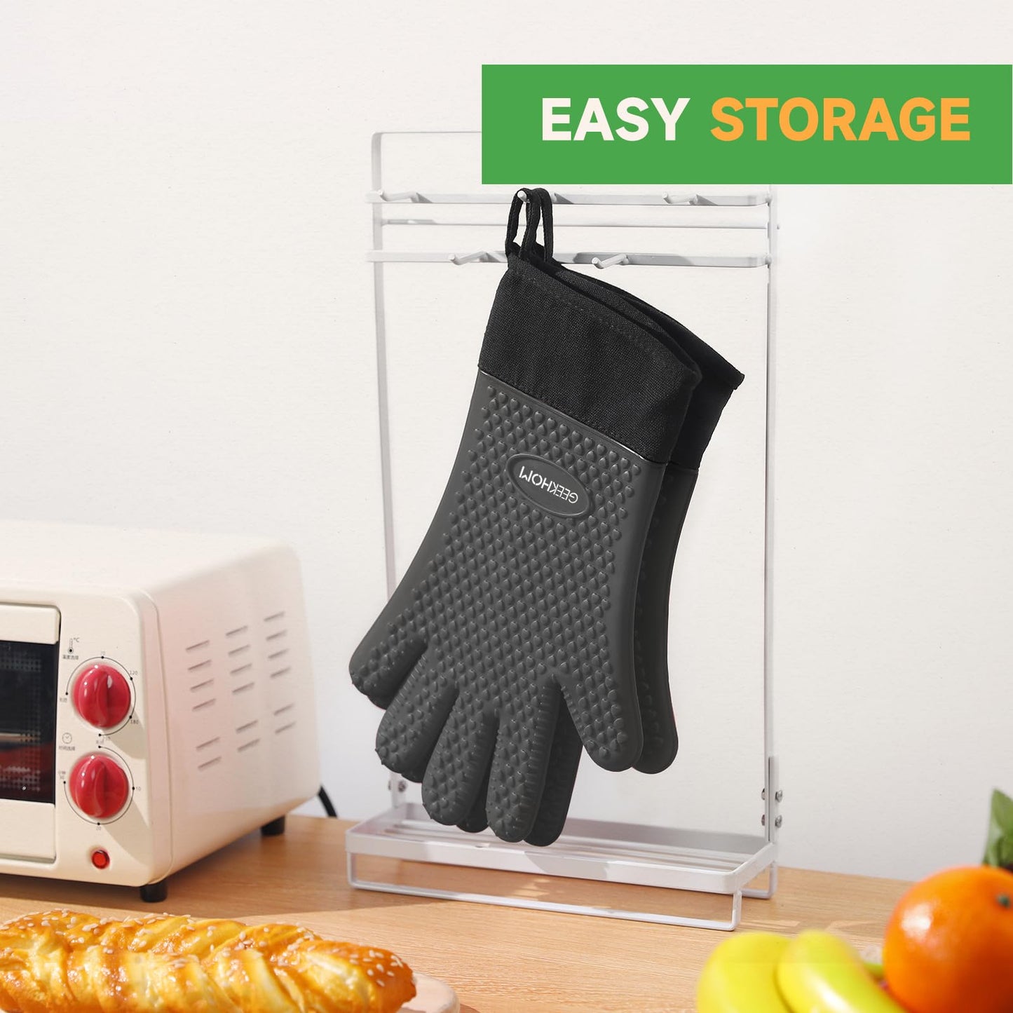 GEEKHOM BBQ Gloves, Grilling Gloves Heat Resistant Oven Gloves, Kitchen Silicone Oven Mitts, Long Waterproof Non-Slip Pot Holder for Barbecue, Cooking, Baking, Black