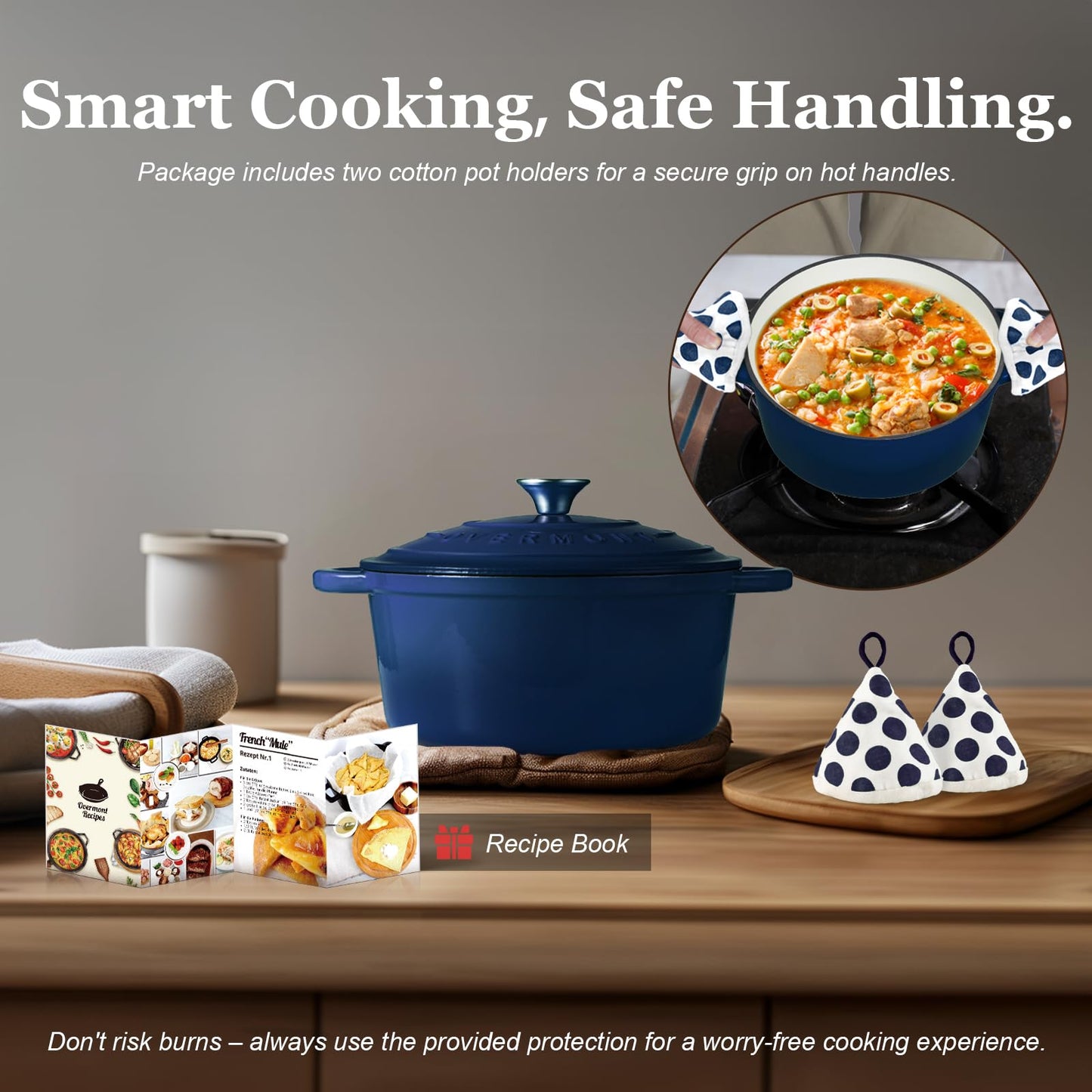 Overmont Enameled Cast Iron Dutch Oven - 5.5QT Pot with Lid Cookbook & Cotton Potholders - Heavy-Duty Cookware for Braising, Stews, Roasting, Bread Baking white