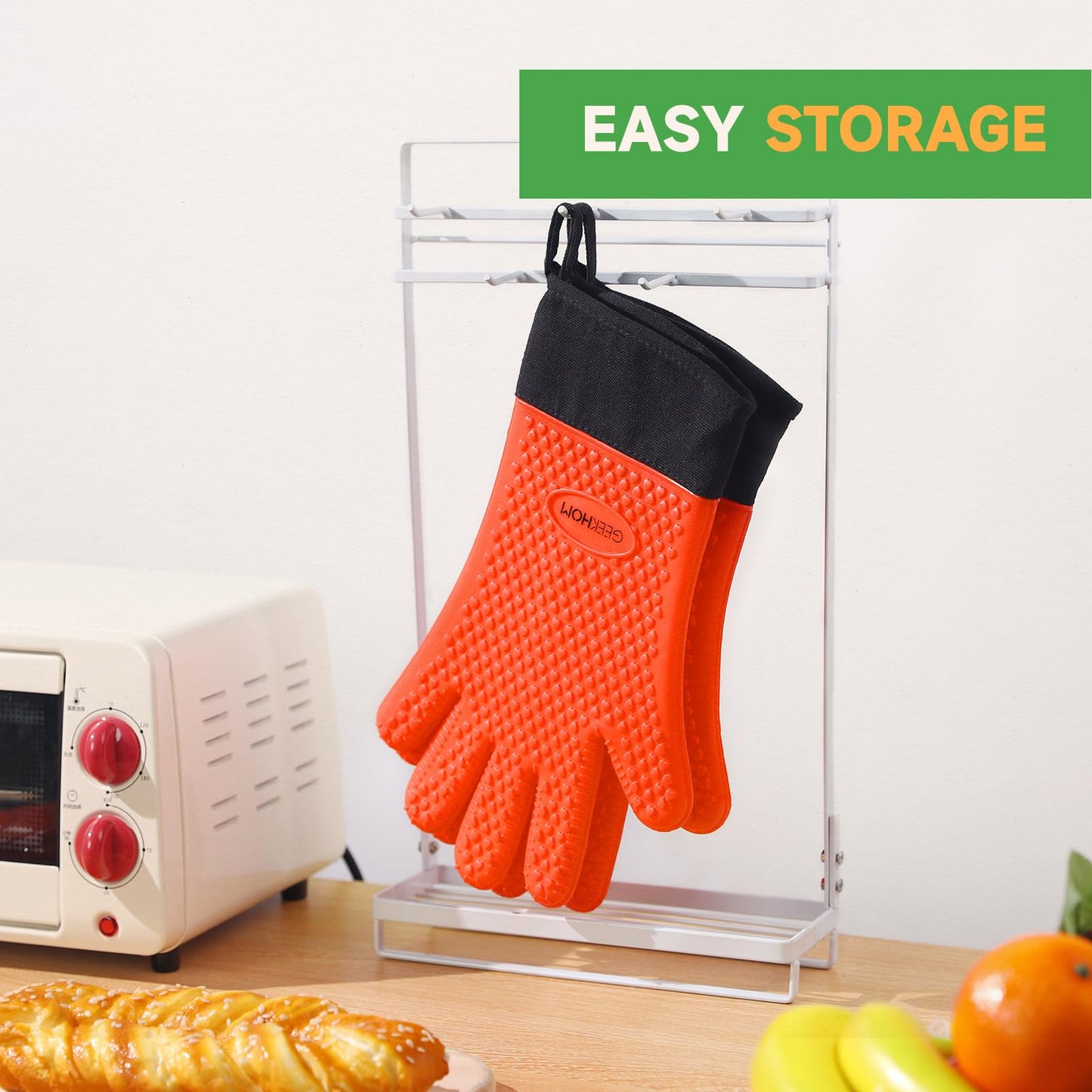 GEEKHOM BBQ Gloves, Grilling Gloves Heat Resistant Oven Gloves, Kitchen Silicone Oven Mitts, Long Waterproof Non-Slip Pot Holder for Barbecue, Cooking, Baking, Black