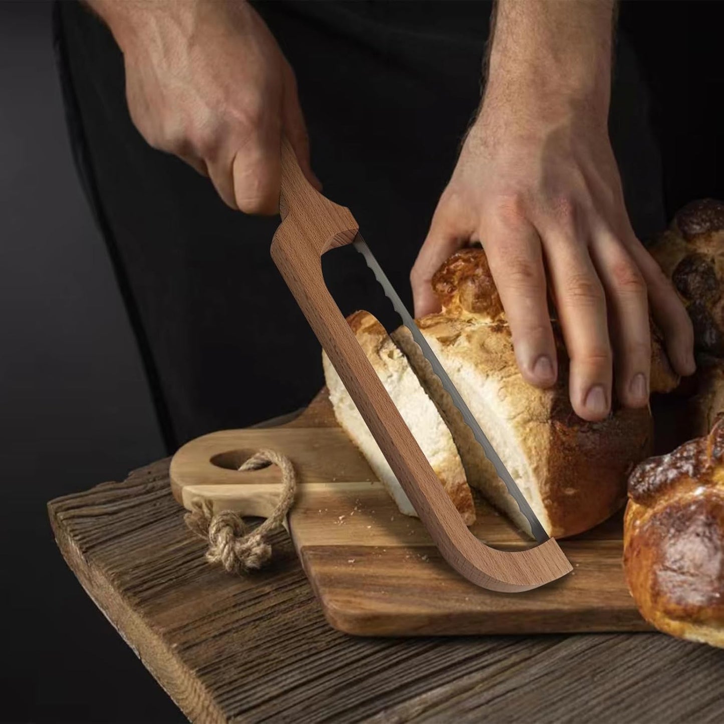Bread Slicer for Homemade Bread,16" Wooden Sourdough Bread knife with Bow Design,Premium Stainless Steel Serrated Saw Bread cutter for Bagels, Baguettes and More