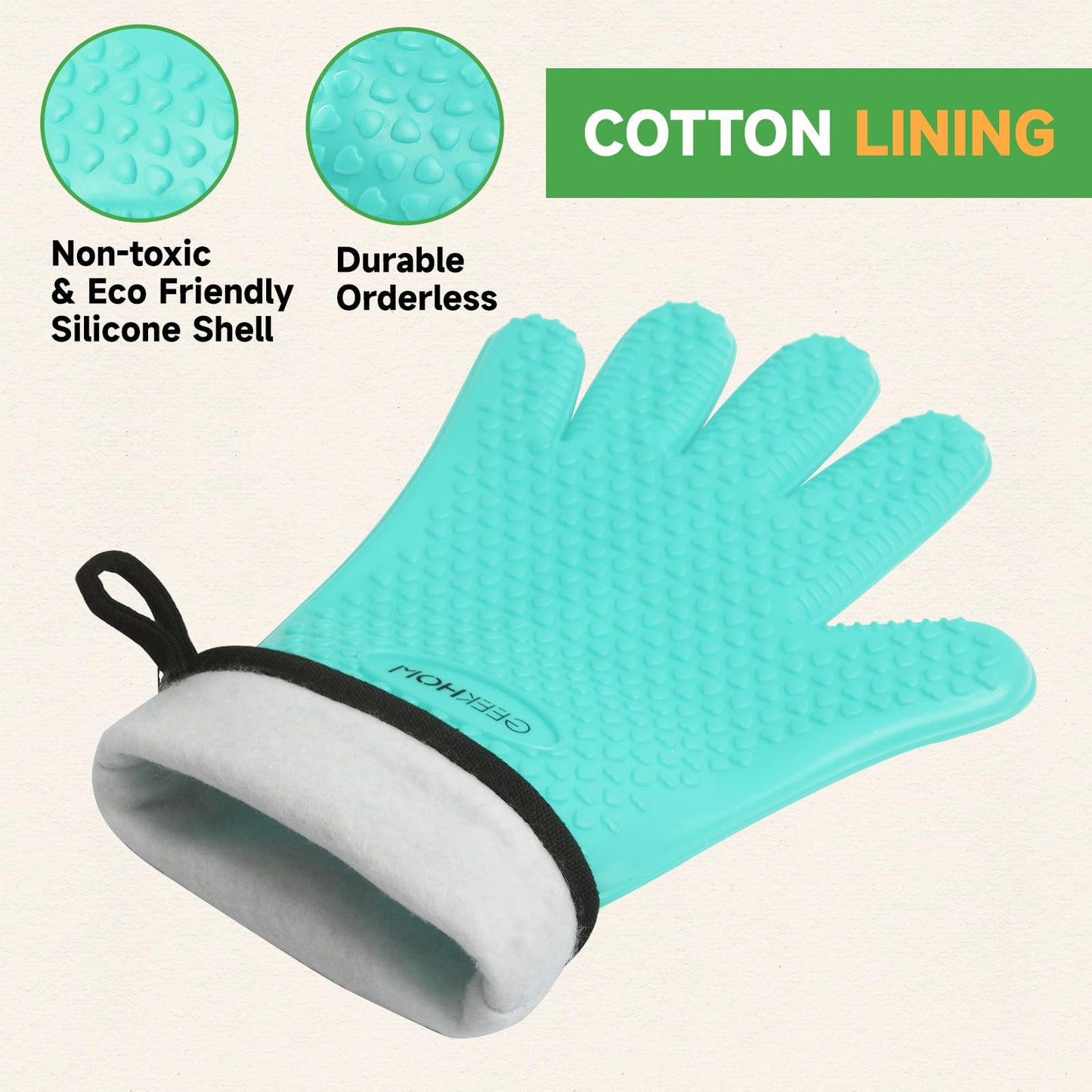 GEEKHOM BBQ Gloves, Grilling Gloves Heat Resistant Oven Gloves, Kitchen Silicone Oven Mitts, Long Waterproof Non-Slip Pot Holder for Barbecue, Cooking, Baking, Black