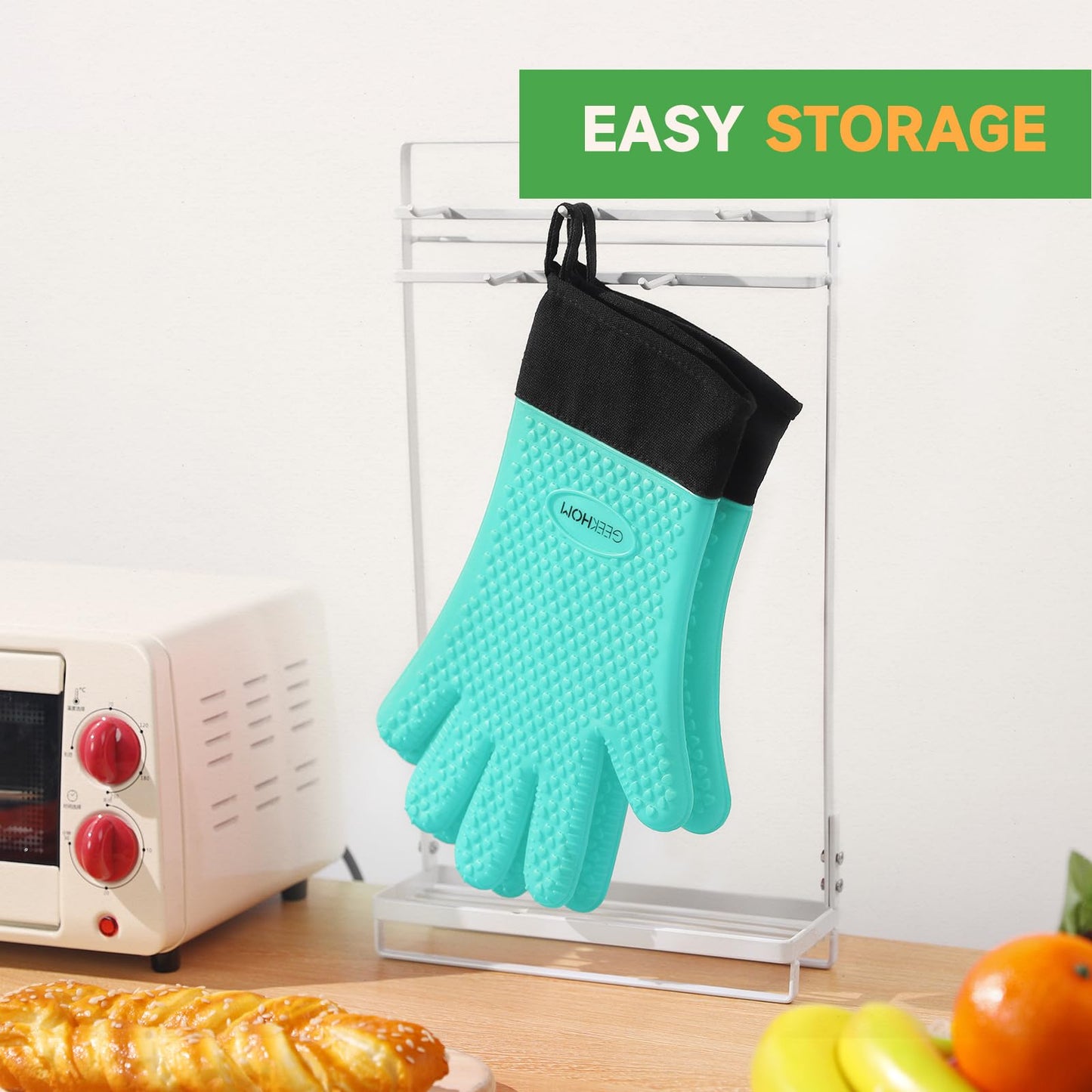 GEEKHOM BBQ Gloves, Grilling Gloves Heat Resistant Oven Gloves, Kitchen Silicone Oven Mitts, Long Waterproof Non-Slip Pot Holder for Barbecue, Cooking, Baking, Black