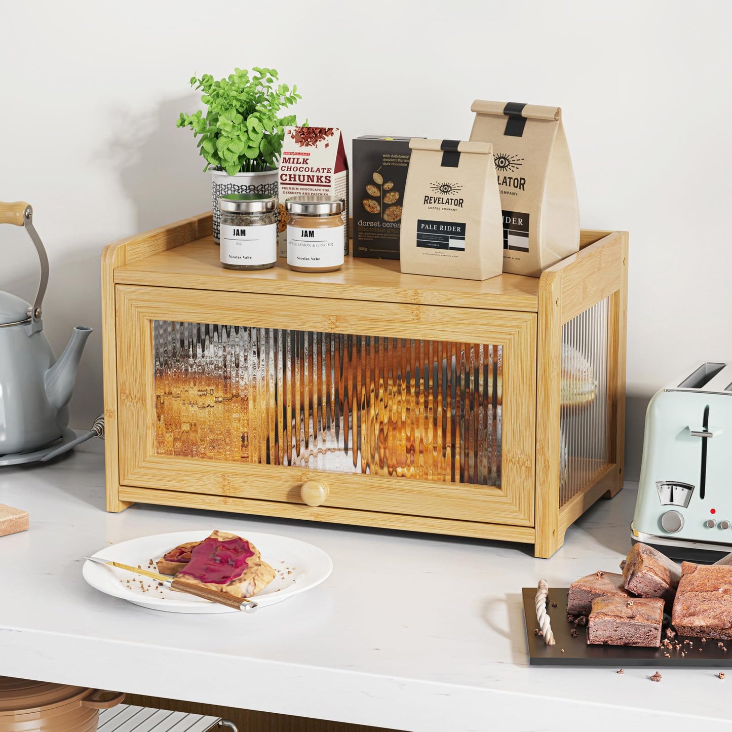 BAMBANG Extra Large Bamboo Bread Box for Kitchen Counter, Bread Storage Container Farmhouse Bread Box with 4 Sides Transparency, Wooden Breadbox Bread Bin Holder for Homemade Bread, Natural