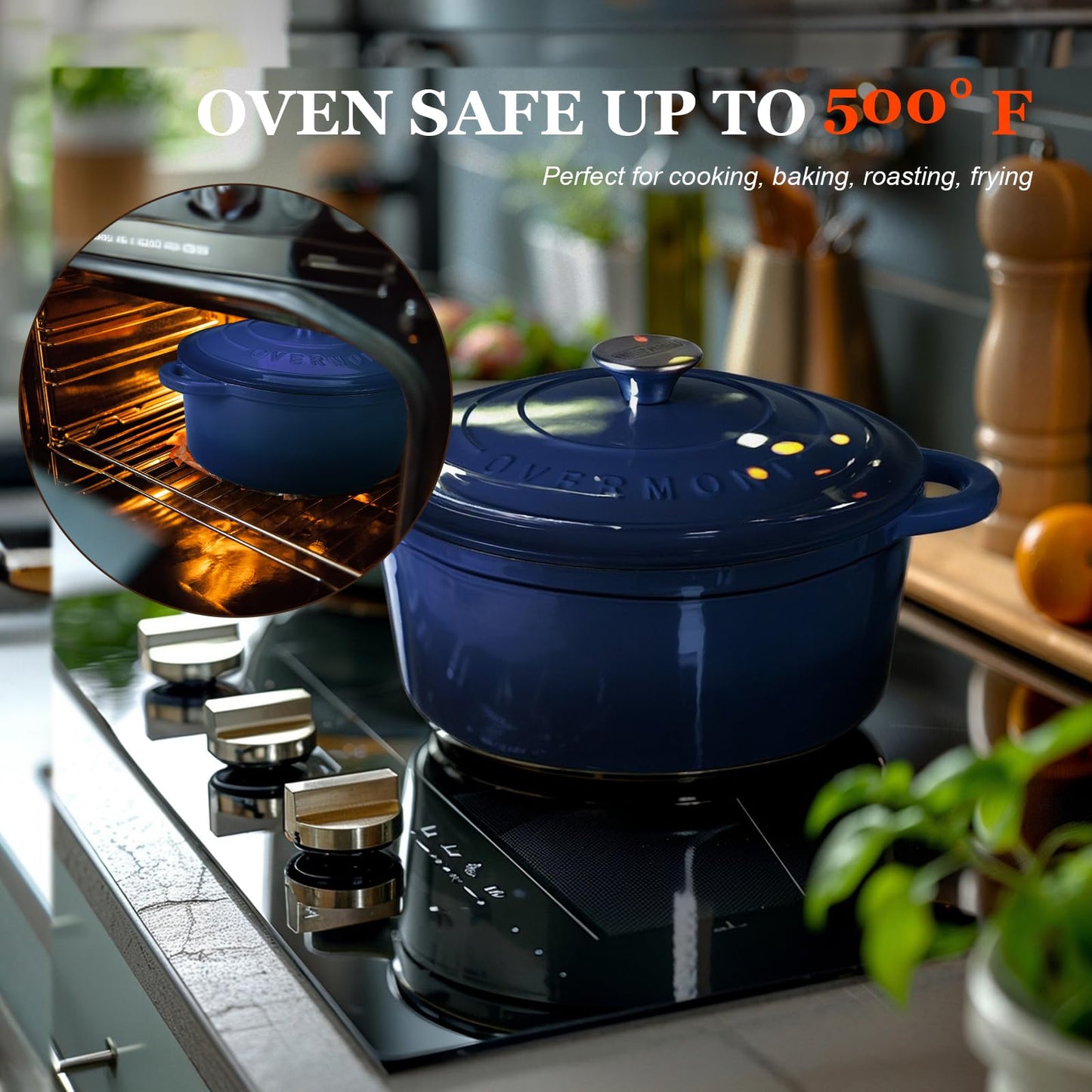 Overmont Enameled Cast Iron Dutch Oven - 5.5QT Pot with Lid Cookbook & Cotton Potholders - Heavy-Duty Cookware for Braising, Stews, Roasting, Bread Baking white
