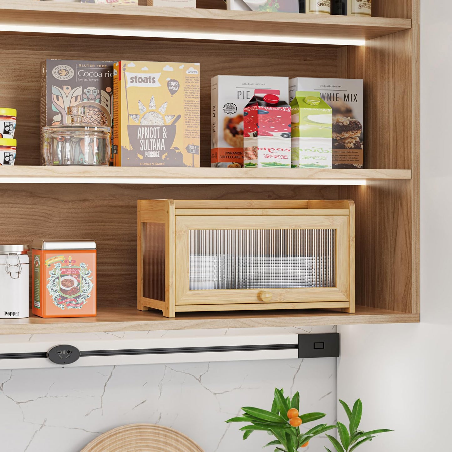 BAMBANG Extra Large Bamboo Bread Box for Kitchen Counter, Bread Storage Container Farmhouse Bread Box with 4 Sides Transparency, Wooden Breadbox Bread Bin Holder for Homemade Bread, Natural