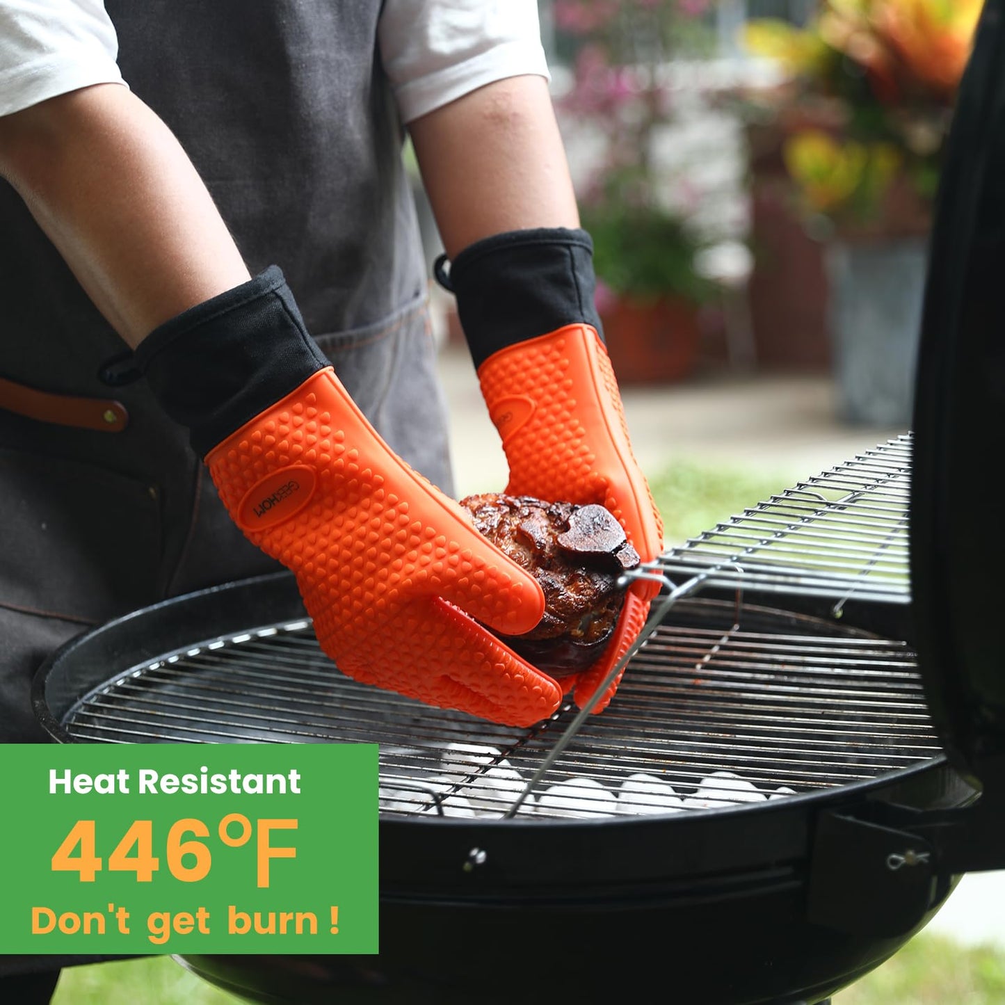 GEEKHOM BBQ Gloves, Grilling Gloves Heat Resistant Oven Gloves, Kitchen Silicone Oven Mitts, Long Waterproof Non-Slip Pot Holder for Barbecue, Cooking, Baking, Black