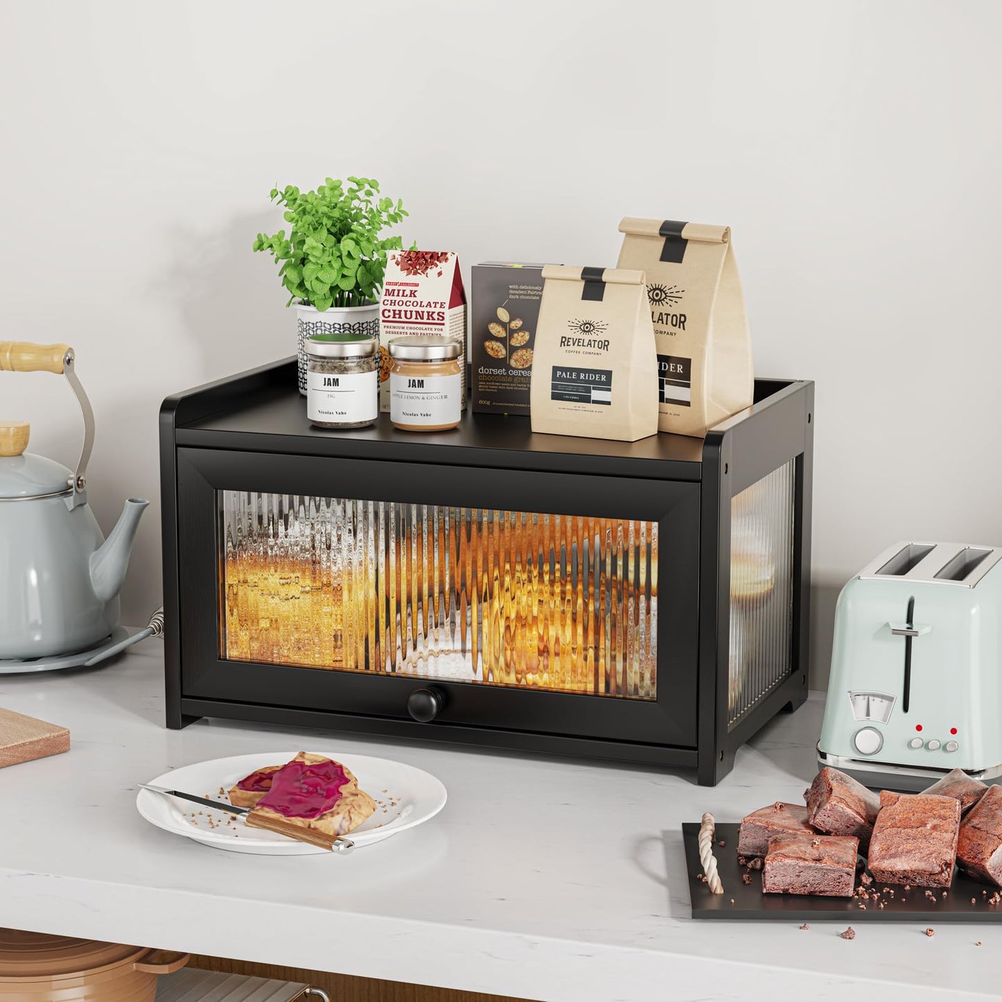 BAMBANG Extra Large Bamboo Bread Box for Kitchen Counter, Bread Storage Container Farmhouse Bread Box with 4 Sides Transparency, Wooden Breadbox Bread Bin Holder for Homemade Bread, Natural