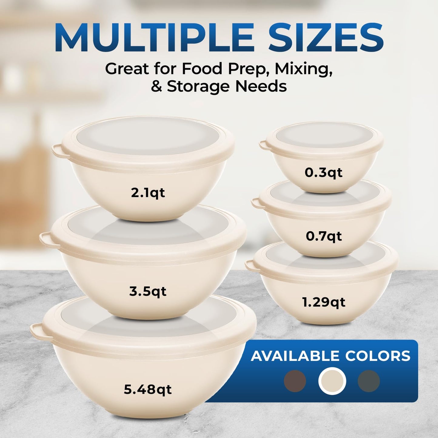 12 Piece Plastic Nesting Bowls with Lids - Mixing Bowls Set includes 6 Prep Bowls and 6 Lids, BPA-Free, Reusable Meal Prep Containers, Microwave, Freezer & Dishwasher Safe, White Cream
