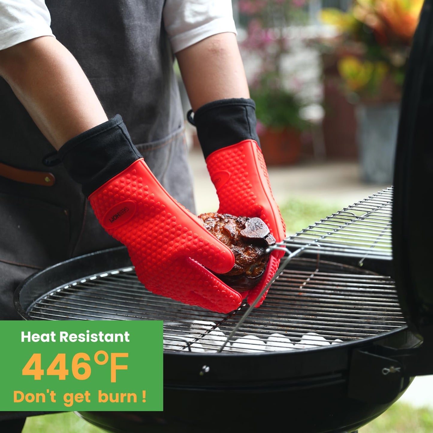 GEEKHOM BBQ Gloves, Grilling Gloves Heat Resistant Oven Gloves, Kitchen Silicone Oven Mitts, Long Waterproof Non-Slip Pot Holder for Barbecue, Cooking, Baking, Black