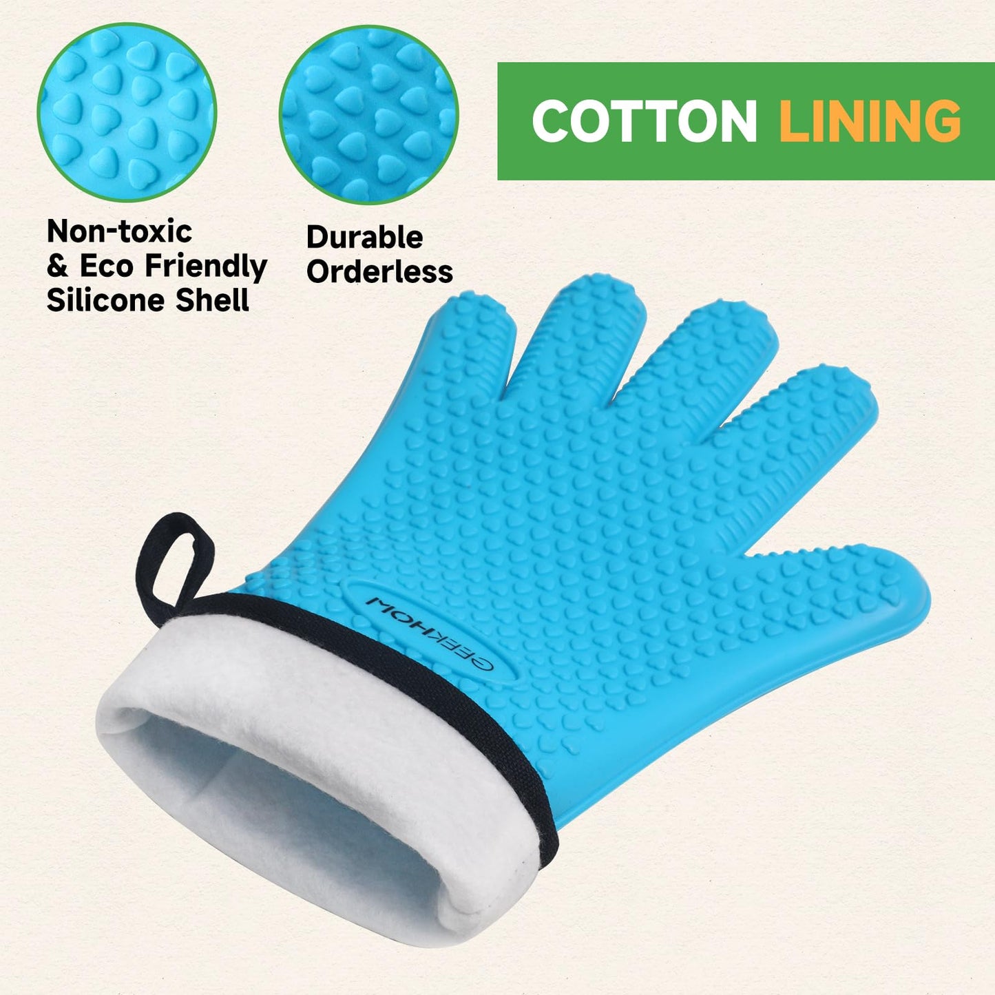 GEEKHOM BBQ Gloves, Grilling Gloves Heat Resistant Oven Gloves, Kitchen Silicone Oven Mitts, Long Waterproof Non-Slip Pot Holder for Barbecue, Cooking, Baking, Black