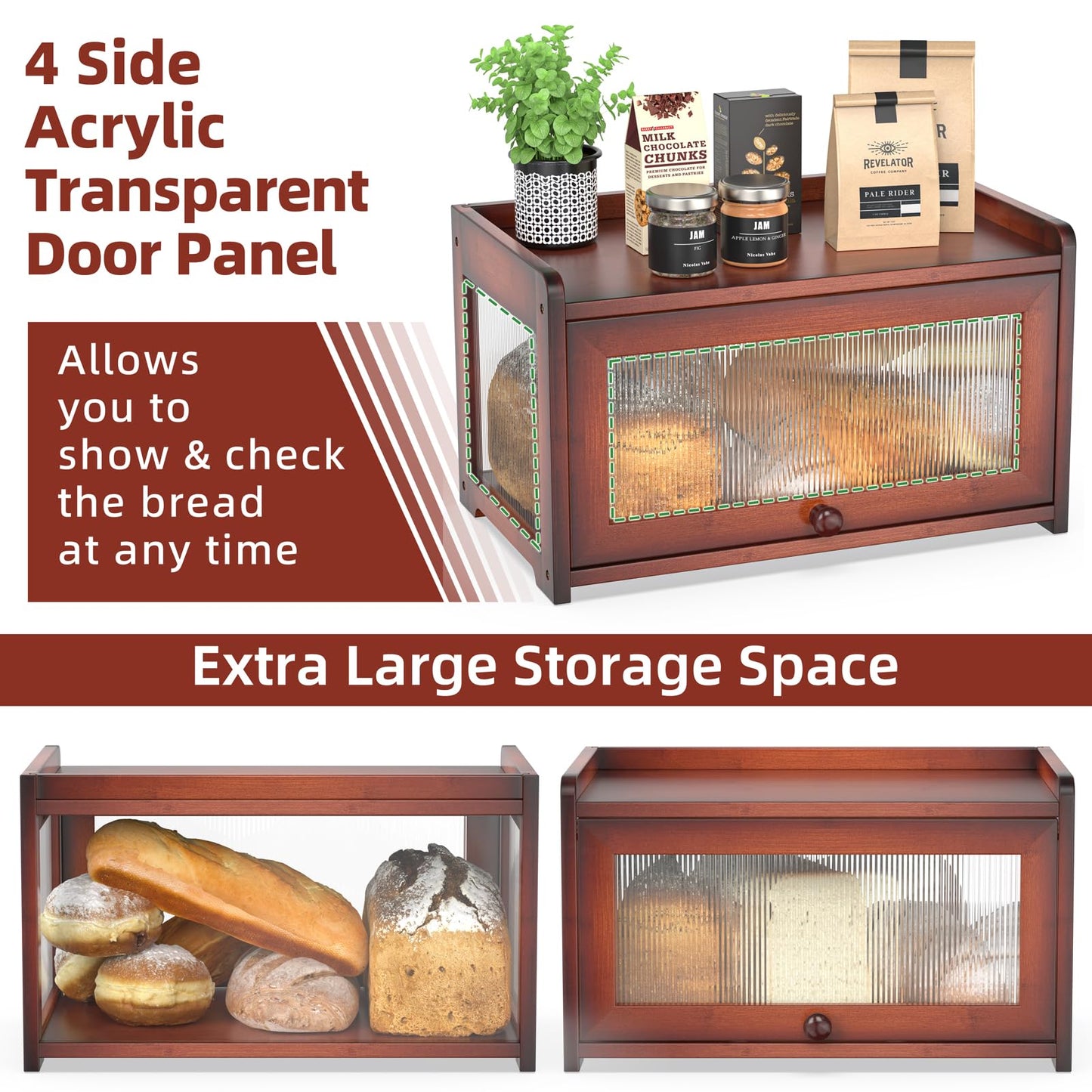 BAMBANG Extra Large Bamboo Bread Box for Kitchen Counter, Bread Storage Container Farmhouse Bread Box with 4 Sides Transparency, Wooden Breadbox Bread Bin Holder for Homemade Bread, Natural
