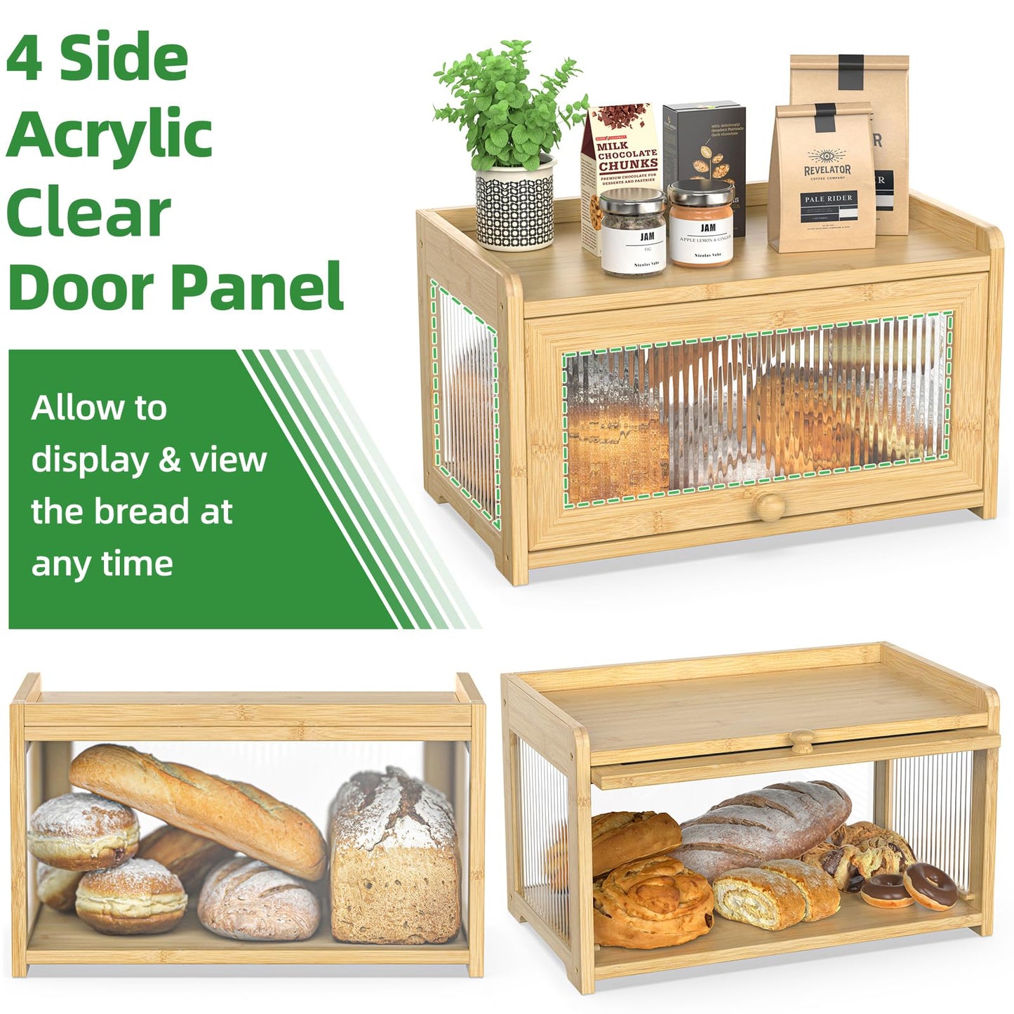 BAMBANG Extra Large Bamboo Bread Box for Kitchen Counter, Bread Storage Container Farmhouse Bread Box with 4 Sides Transparency, Wooden Breadbox Bread Bin Holder for Homemade Bread, Natural