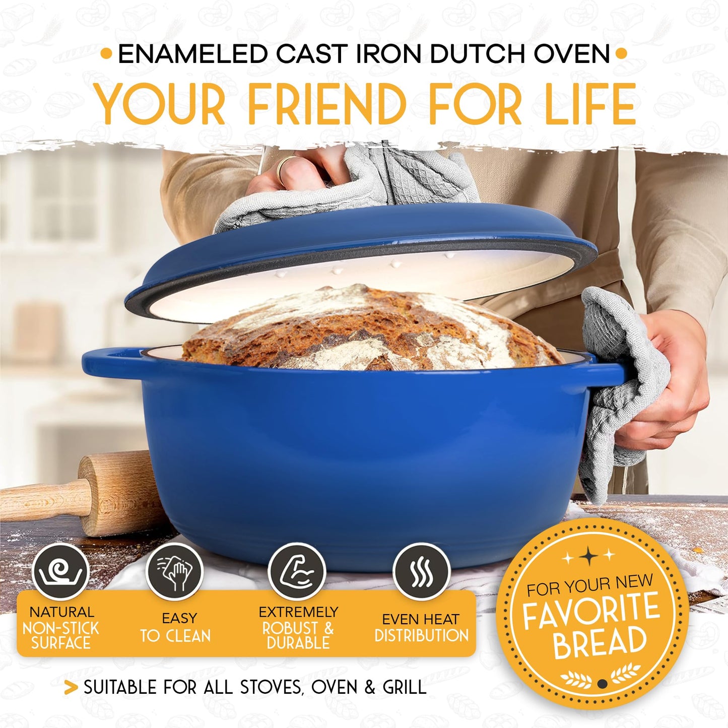 6 QT Enameled Cast Iron Dutch Oven for Bread Baking with Lid - Incl. Sourdough Bread Baking Supplies like Banneton Bread Proofing Basket, Cast Iron Bread Oven, Bread Pan, bread making tools
