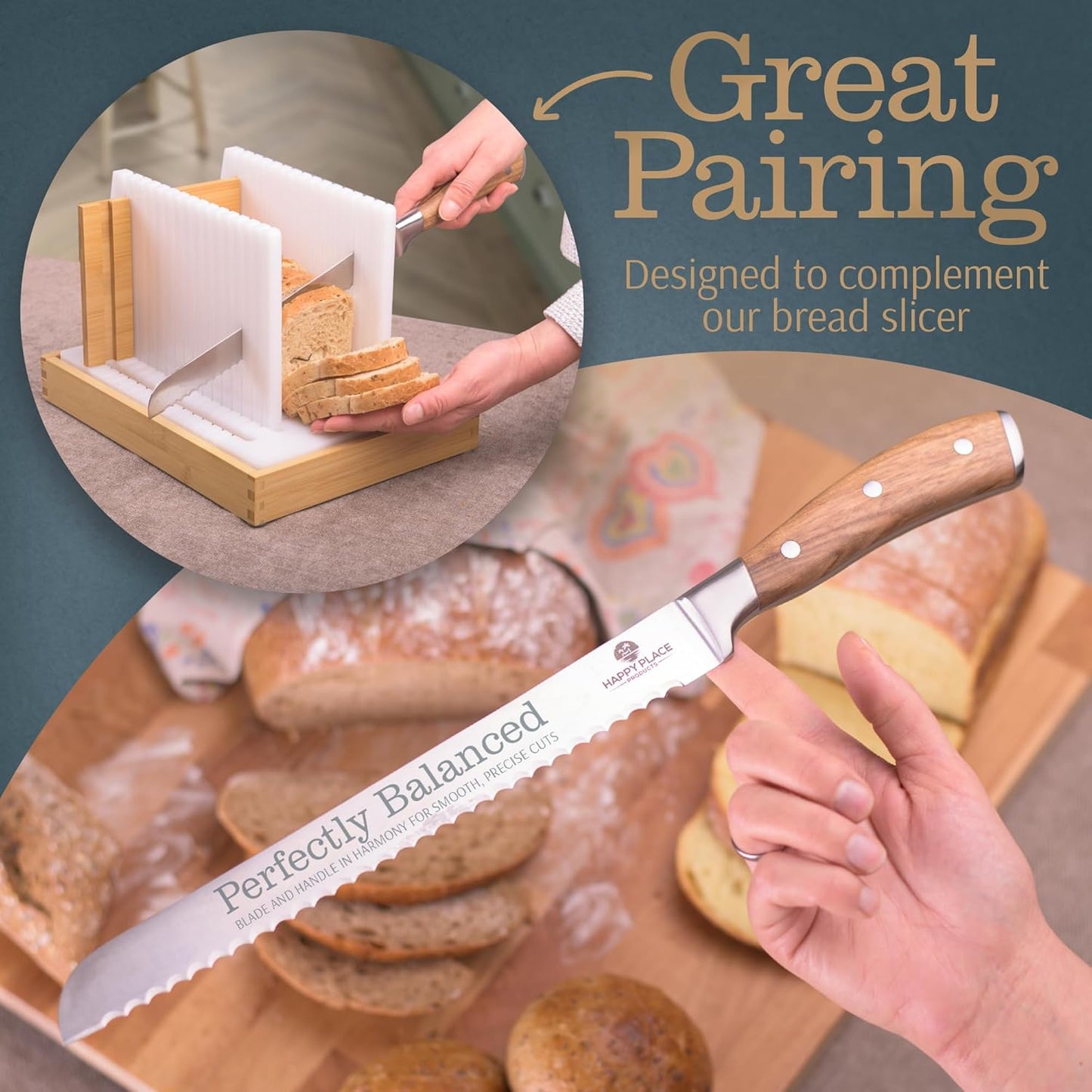 HAPPY PLACE PRODUCTS Bread Knife – 10.5" Serrated Slicing Blade – High Carbon Stainless Steel Cutter for Homemade Bread, Cake, Loaves, Baguettes – Ergonomic Wooden Handle – Double-Bevel Edge