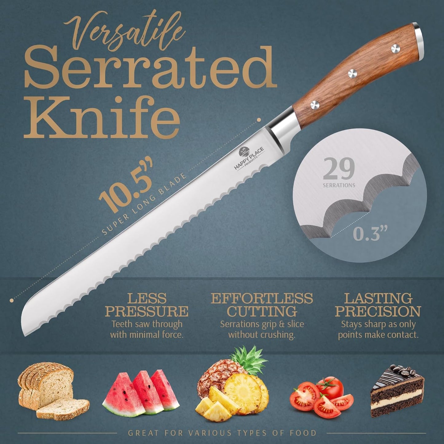 HAPPY PLACE PRODUCTS Bread Knife – 10.5" Serrated Slicing Blade – High Carbon Stainless Steel Cutter for Homemade Bread, Cake, Loaves, Baguettes – Ergonomic Wooden Handle – Double-Bevel Edge