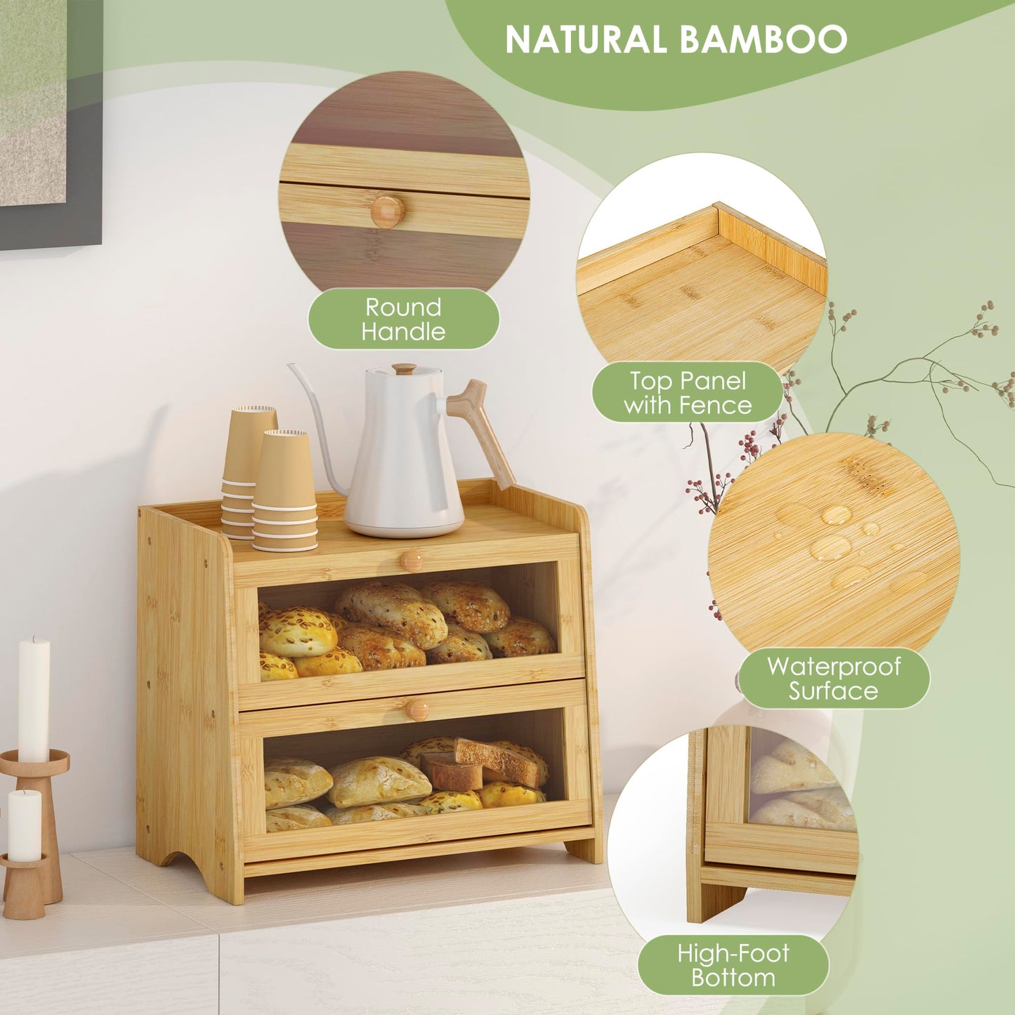 Double Layer Bread Box for Kitchen Countertop, Large Breadbox Bread with Windows, Wooden Farmhouse Bread Holder (Black)