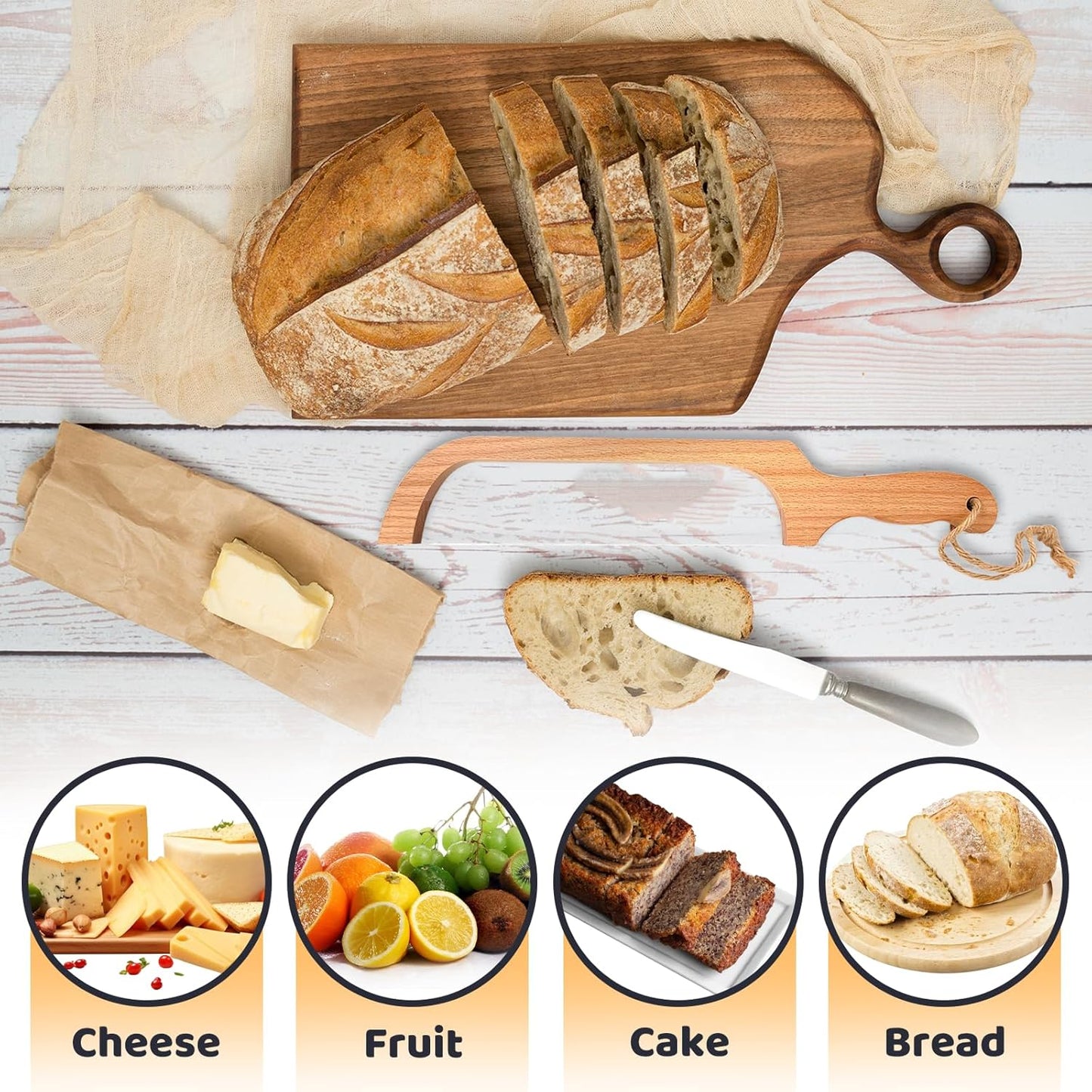 Bread Slicer for Homemade Bread,16" Wooden Sourdough Bread knife with Bow Design,Premium Stainless Steel Serrated Saw Bread cutter for Bagels, Baguettes and More