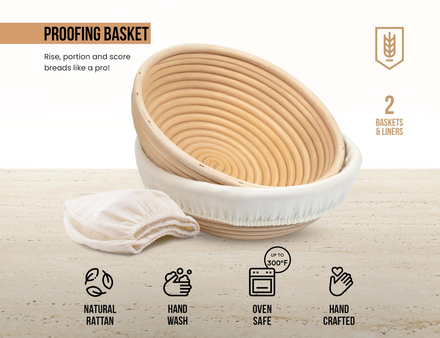 Banneton Bread Proofing Basket, Kook, Sourdough Proofing Bread Basket, Bread Banneton Proofing, Artisan Sourdough Making Baskets, 9 Inch Rattan Baskets and Cloth Liners, Set of 2, Round