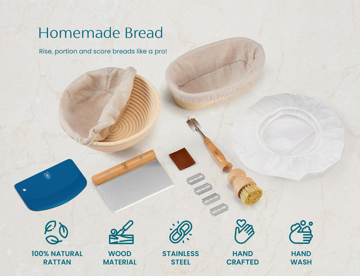 Banneton Bread Proofing Basket, Kook, Sourdough Proofing Bread Basket, Bread Banneton Proofing, Artisan Sourdough Making Baskets, 9 Inch Rattan Baskets and Cloth Liners, Set of 2, Round
