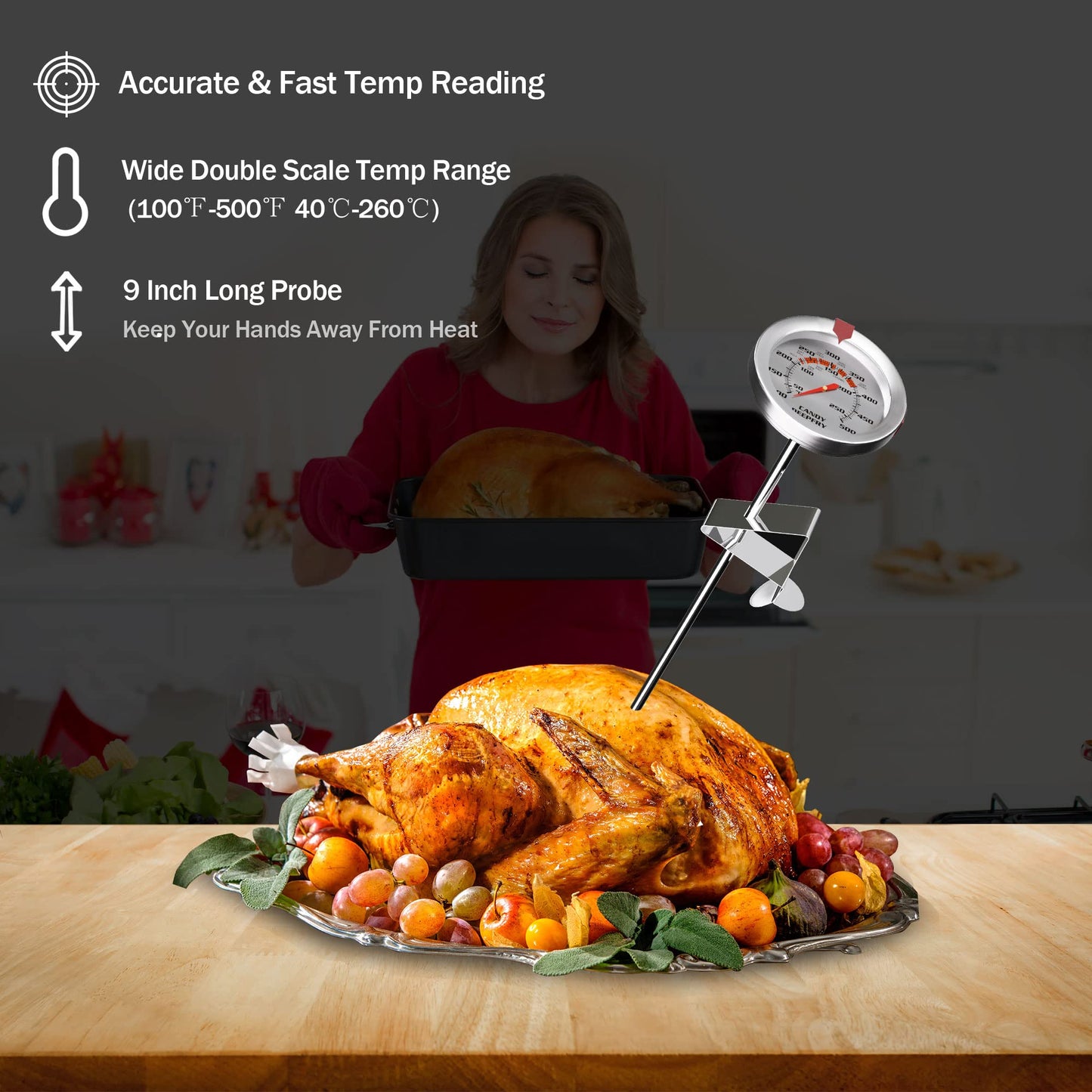 Oven Thermometer 150℉-600℉ Large 3 Inch Dial Stainless Steel Oven Grill Thermometer for Gas & Electric Oven,Stand or Hang,Accurate Temperature Reading for Meat,Grilling,Cake