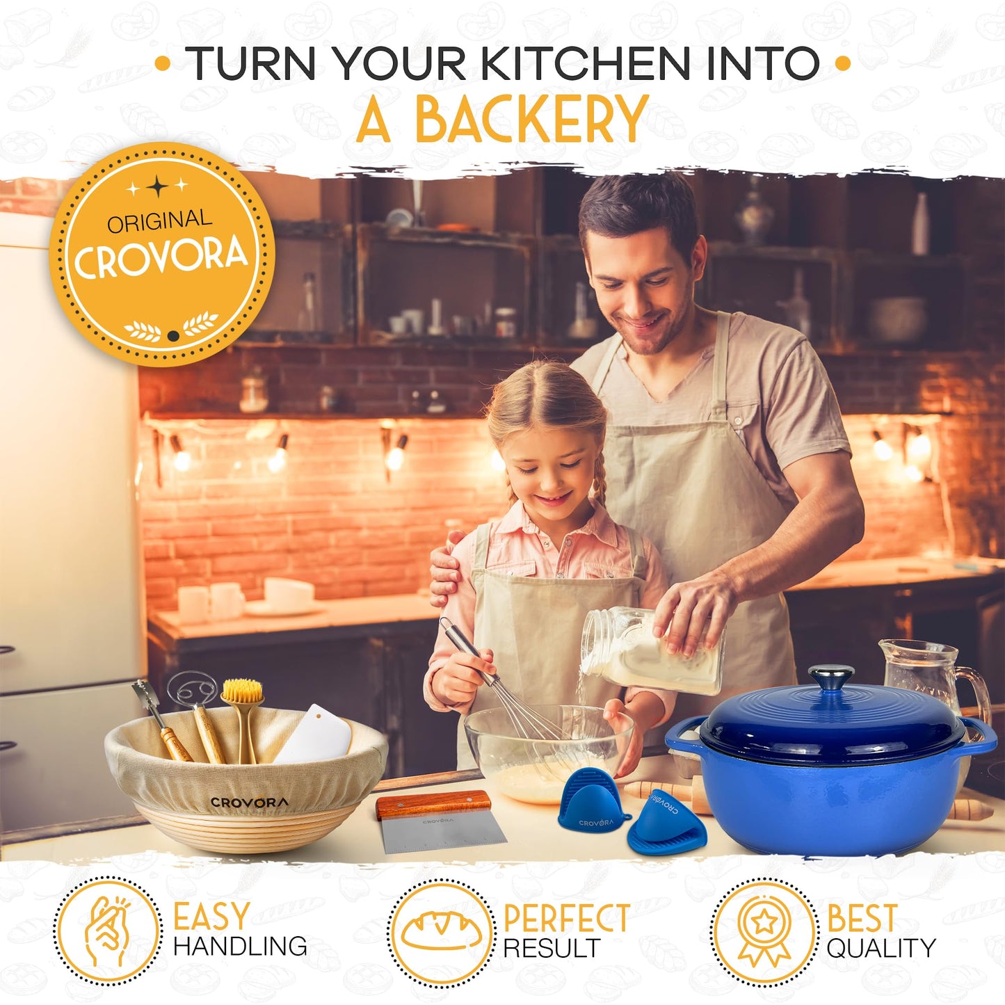 6 QT Enameled Cast Iron Dutch Oven for Bread Baking with Lid - Incl. Sourdough Bread Baking Supplies like Banneton Bread Proofing Basket, Cast Iron Bread Oven, Bread Pan, bread making tools