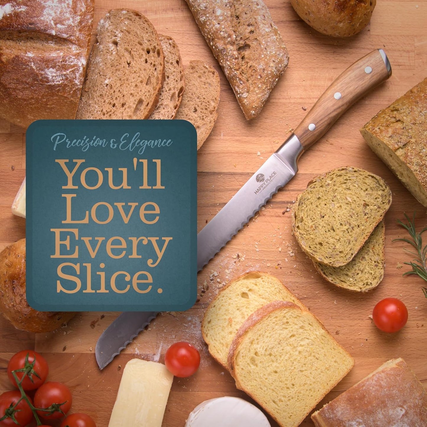 HAPPY PLACE PRODUCTS Bread Knife – 10.5" Serrated Slicing Blade – High Carbon Stainless Steel Cutter for Homemade Bread, Cake, Loaves, Baguettes – Ergonomic Wooden Handle – Double-Bevel Edge