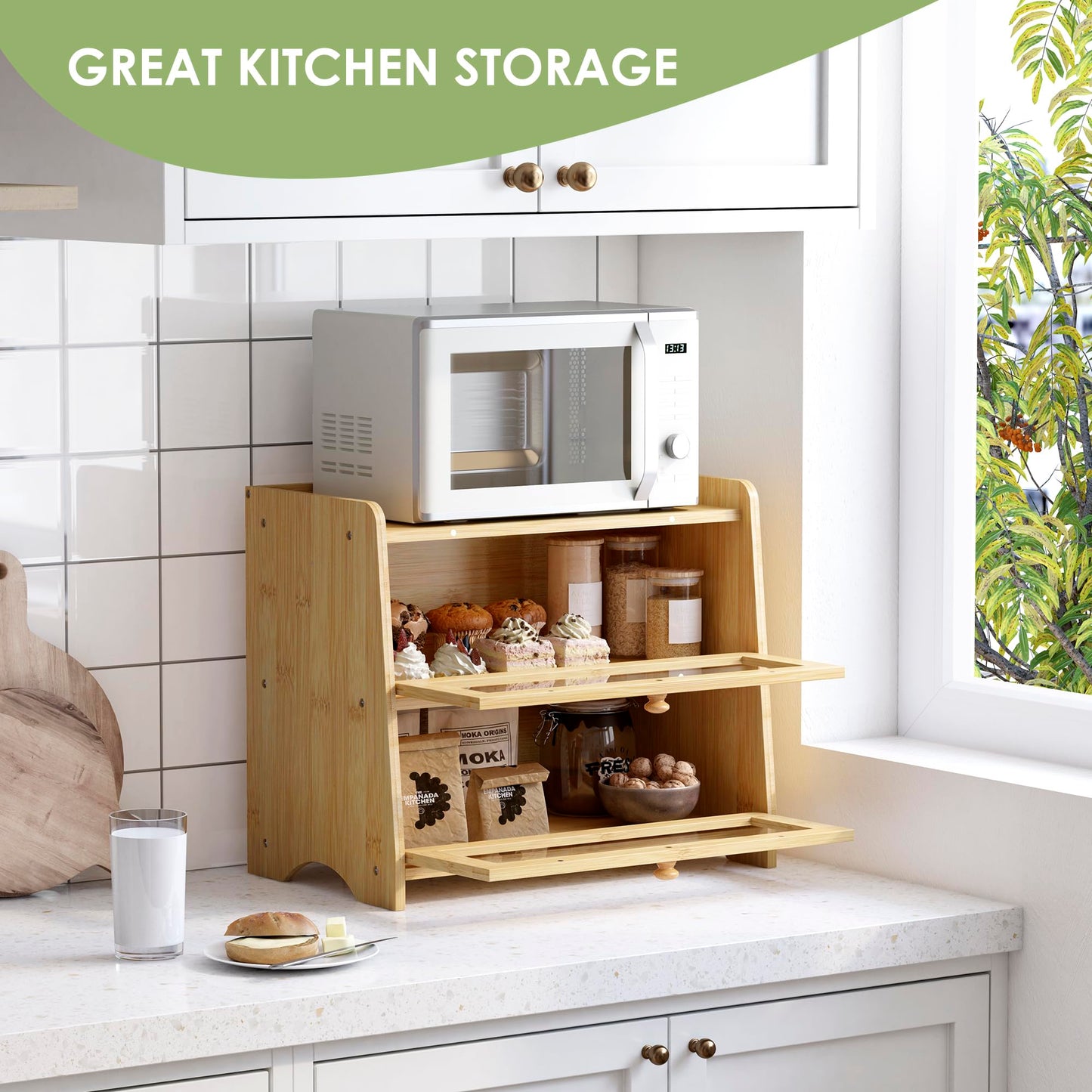 Double Layer Bread Box for Kitchen Countertop, Large Breadbox Bread with Windows, Wooden Farmhouse Bread Holder (Black)
