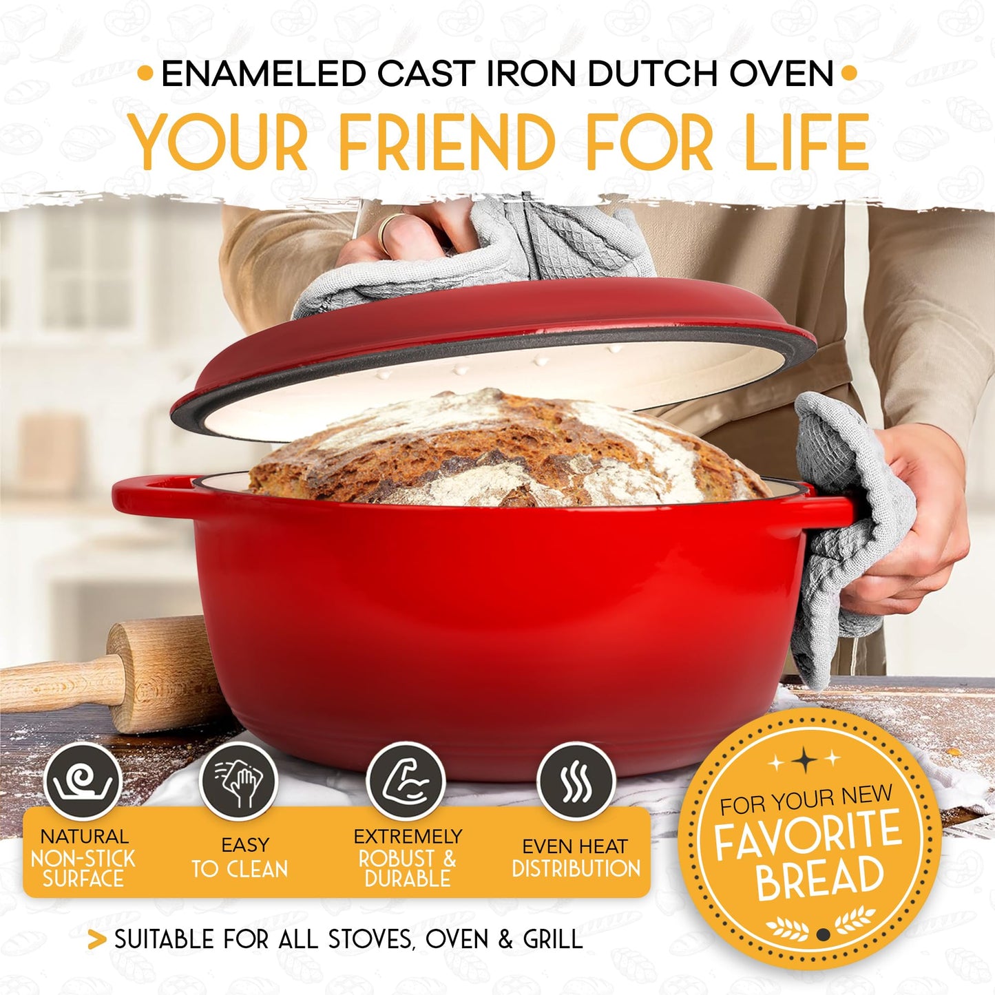 6 QT Enameled Cast Iron Dutch Oven for Bread Baking with Lid - Incl. Sourdough Bread Baking Supplies like Banneton Bread Proofing Basket, Cast Iron Bread Oven, Bread Pan, bread making tools