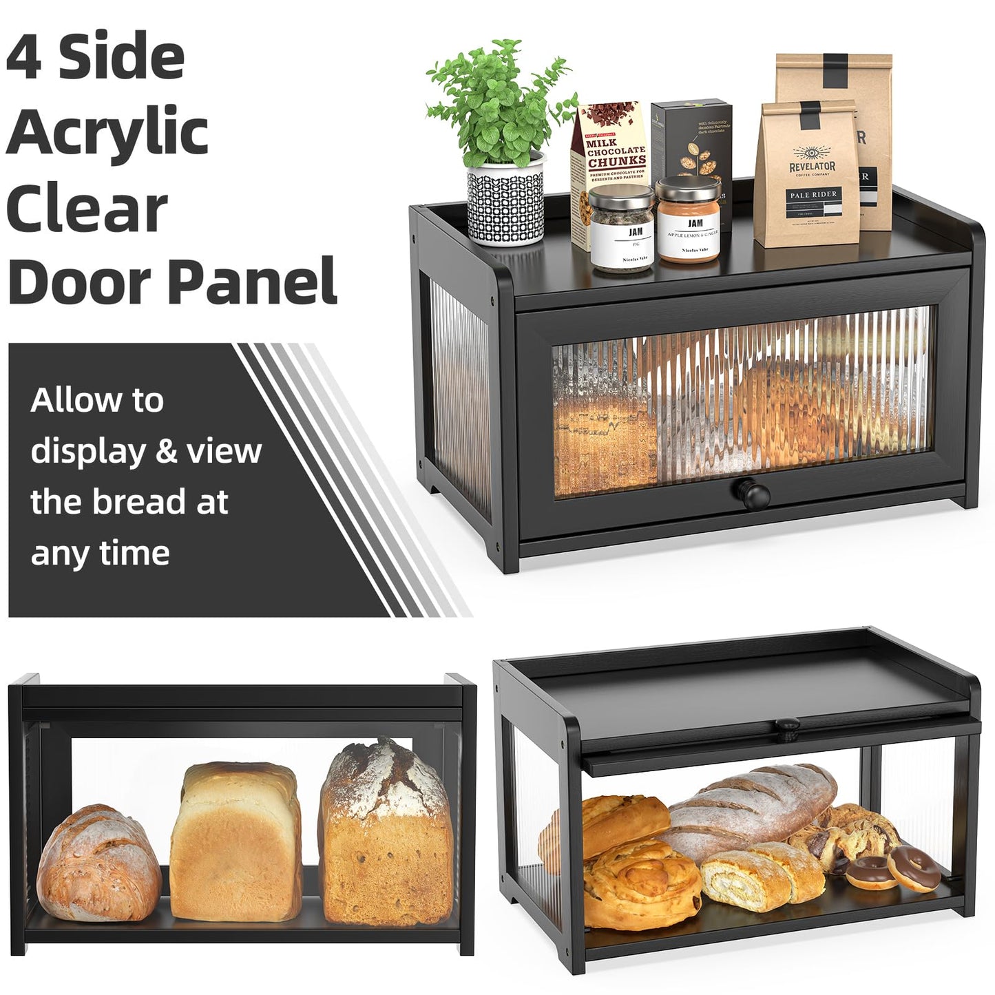 BAMBANG Extra Large Bamboo Bread Box for Kitchen Counter, Bread Storage Container Farmhouse Bread Box with 4 Sides Transparency, Wooden Breadbox Bread Bin Holder for Homemade Bread, Natural