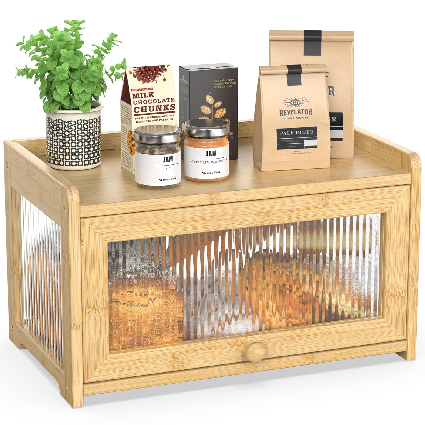 BAMBANG Extra Large Bamboo Bread Box for Kitchen Counter, Bread Storage Container Farmhouse Bread Box with 4 Sides Transparency, Wooden Breadbox Bread Bin Holder for Homemade Bread, Natural