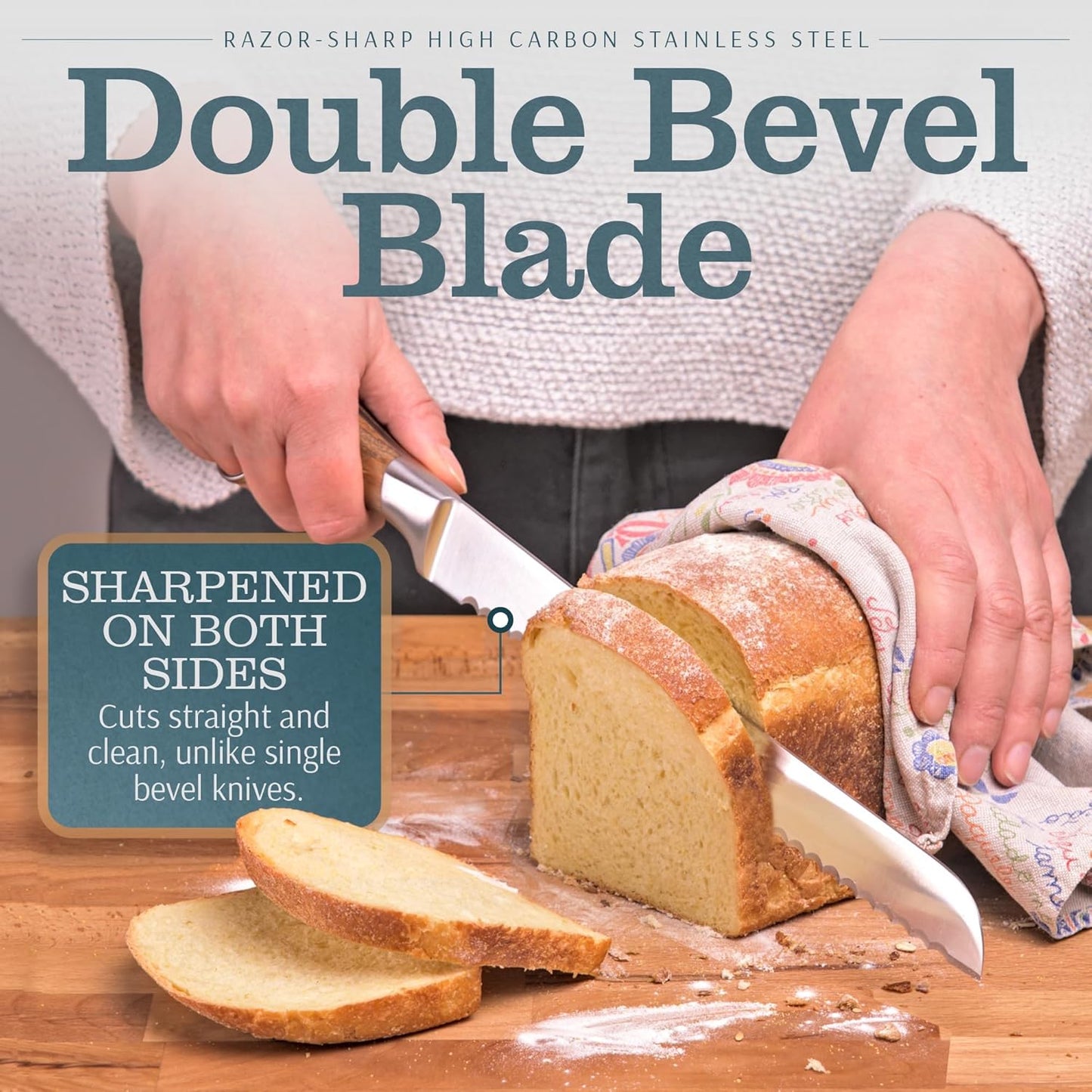 HAPPY PLACE PRODUCTS Bread Knife – 10.5" Serrated Slicing Blade – High Carbon Stainless Steel Cutter for Homemade Bread, Cake, Loaves, Baguettes – Ergonomic Wooden Handle – Double-Bevel Edge