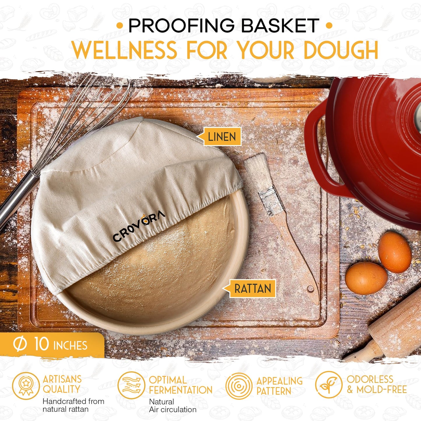 6 QT Enameled Cast Iron Dutch Oven for Bread Baking with Lid - Incl. Sourdough Bread Baking Supplies like Banneton Bread Proofing Basket, Cast Iron Bread Oven, Bread Pan, bread making tools