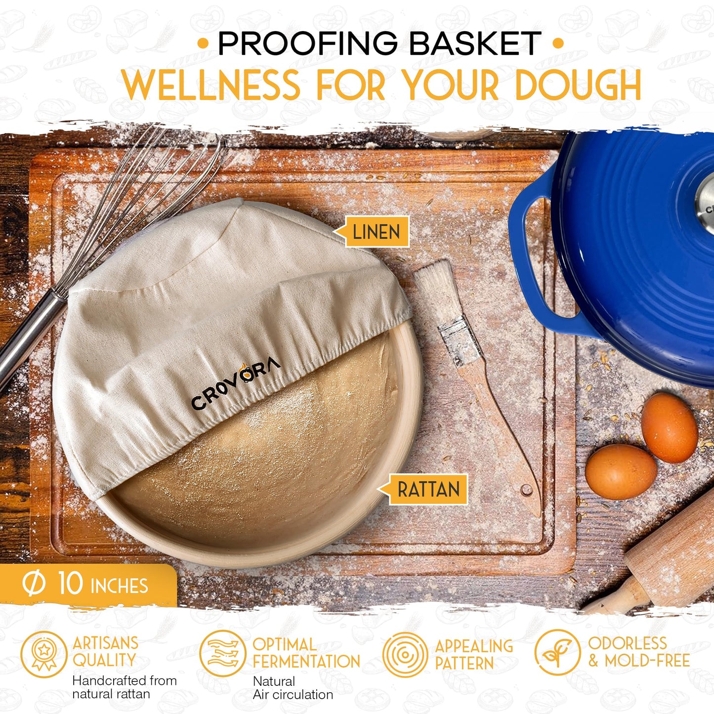 6 QT Enameled Cast Iron Dutch Oven for Bread Baking with Lid - Incl. Sourdough Bread Baking Supplies like Banneton Bread Proofing Basket, Cast Iron Bread Oven, Bread Pan, bread making tools