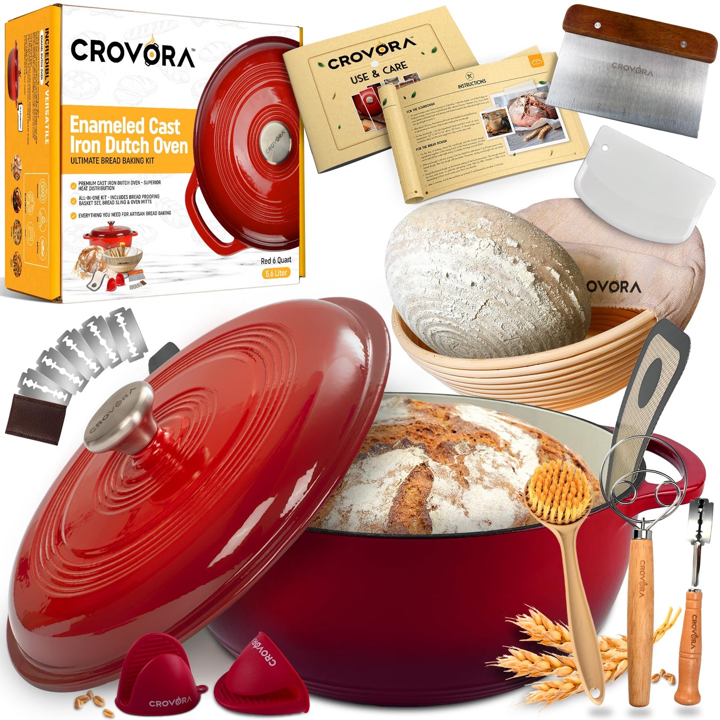 6 QT Enameled Cast Iron Dutch Oven for Bread Baking with Lid - Incl. Sourdough Bread Baking Supplies like Banneton Bread Proofing Basket, Cast Iron Bread Oven, Bread Pan, bread making tools