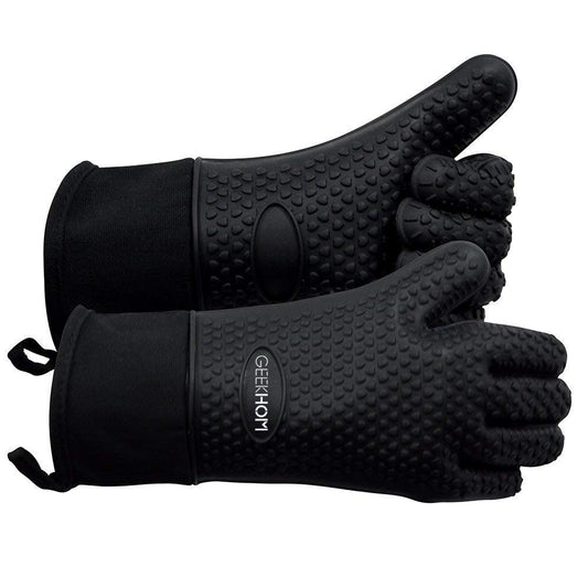 GEEKHOM BBQ Gloves, Grilling Gloves Heat Resistant Oven Gloves, Kitchen Silicone Oven Mitts, Long Waterproof Non-Slip Pot Holder for Barbecue, Cooking, Baking, Black