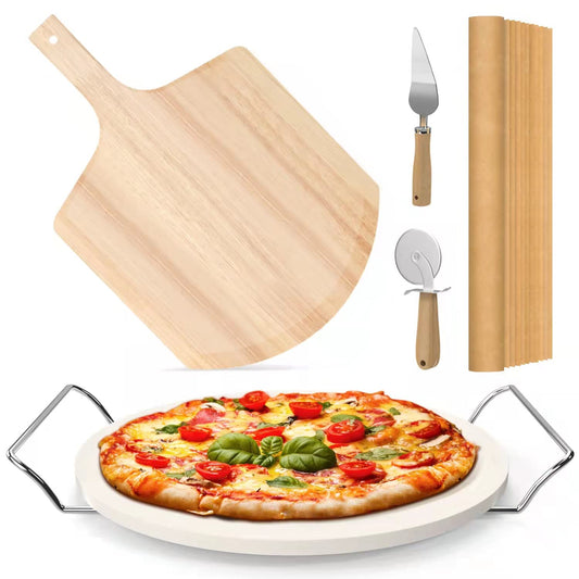 5 PCS Round Pizza Stone Set, 13" Pizza Stone for Oven and Grill with Pizza Peel(OAK),Serving Rack, Pizza Cutter & 10pcs Cooking Paper for Free, Baking Stone for Pizza, Bread
