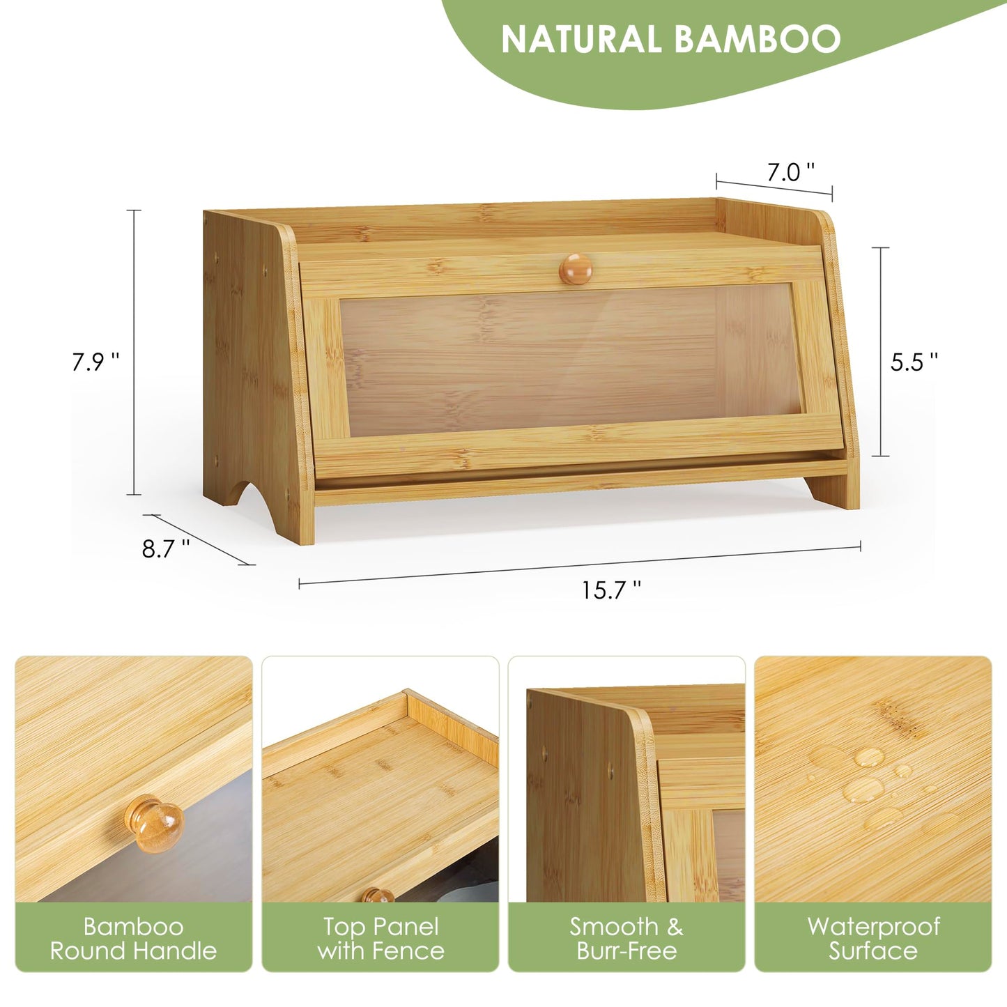 Bread Box for Kitchen Countertop, Large Bread Container Storage, Wooden Farmhouse Bread Box with Window Bread Holder (Natural Bamboo)