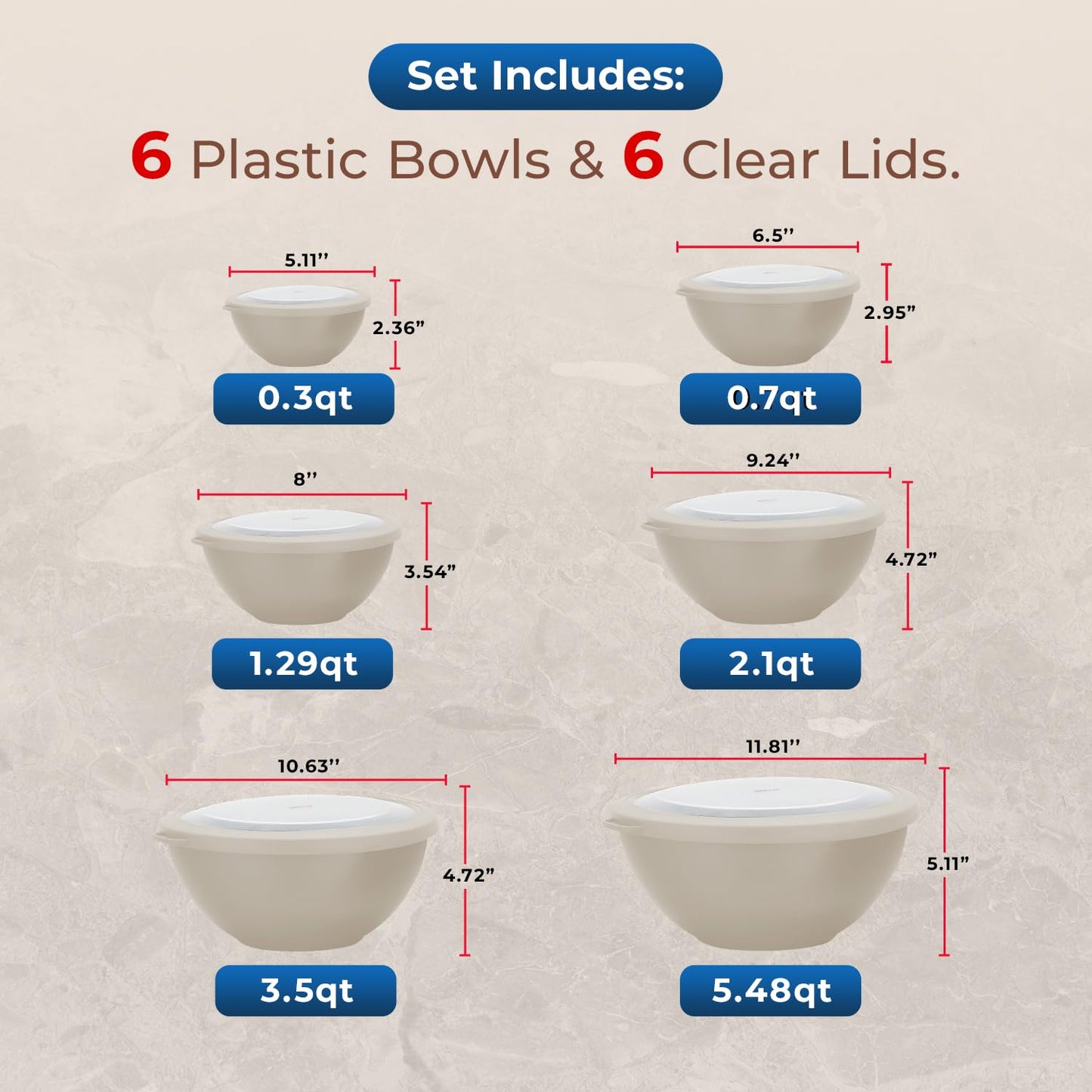 12 Piece Plastic Nesting Bowls with Lids - Mixing Bowls Set includes 6 Prep Bowls and 6 Lids, BPA-Free, Reusable Meal Prep Containers, Microwave, Freezer & Dishwasher Safe, White Cream