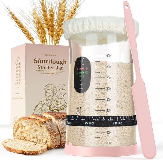 CINNIE&JHIN 34oz Premium Sourdough Starter Jar with Pink Silicone Lid & Spatula – Large Glass Fermenters Jar with Feeding Tracker – Stylish Kitchen Essentials for Home Bakers & Gift Idea for Women