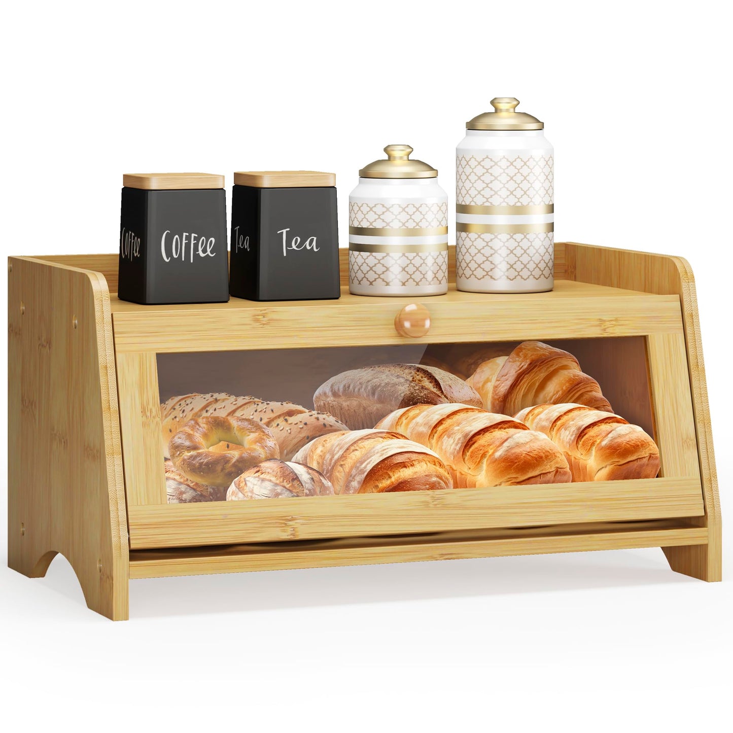 Bread Box for Kitchen Countertop, Large Bread Container Storage, Wooden Farmhouse Bread Box with Window Bread Holder (Natural Bamboo)