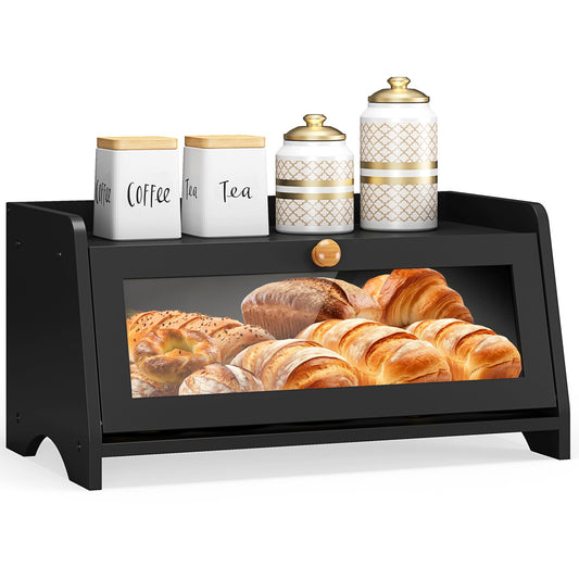 Bread Box for Kitchen Countertop, Large Bread Container Storage, Wooden Farmhouse Bread Box with Window Bread Holder (Natural Bamboo)