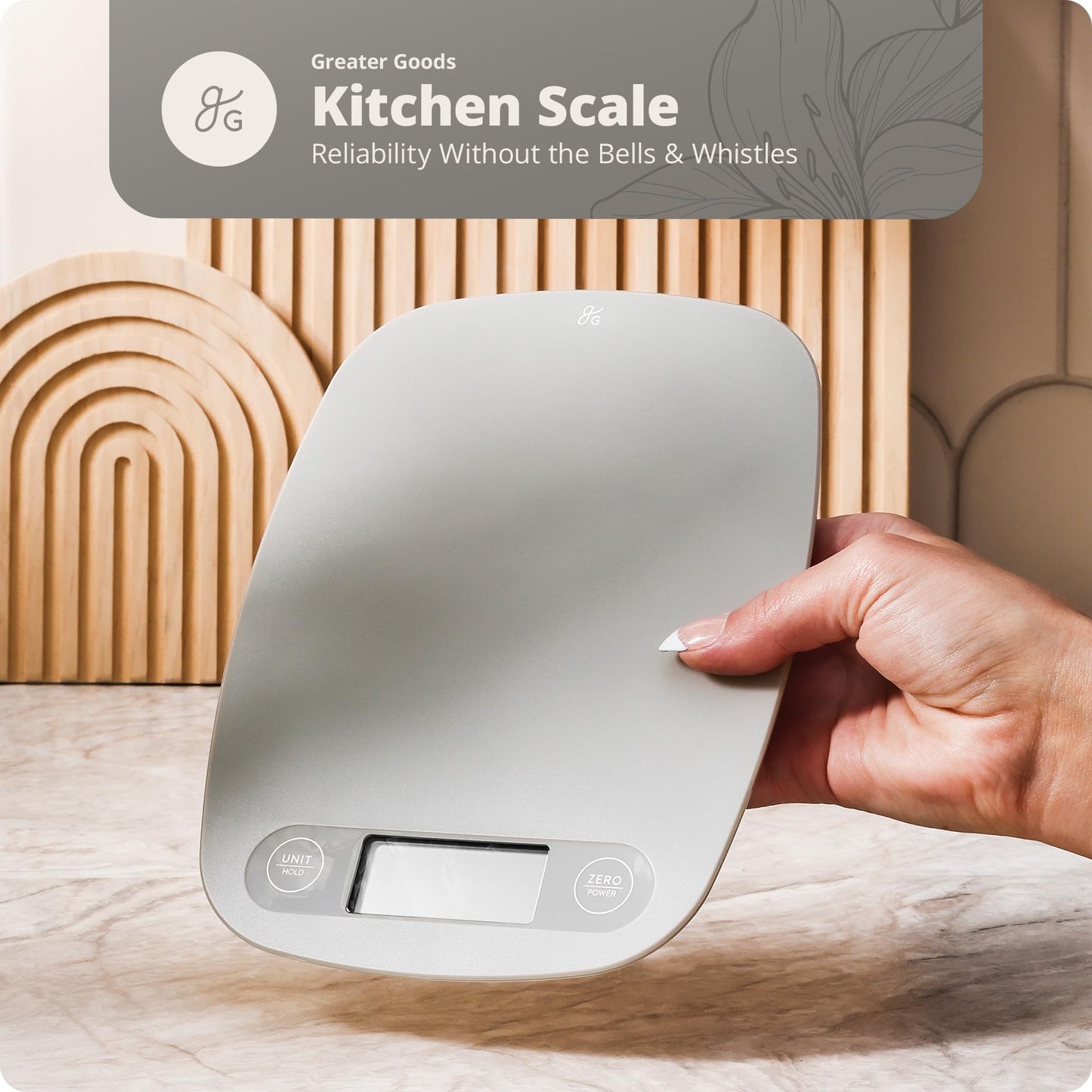 Greater Goods Digital Kitchen Scale - Cooking, Baking, Meal and Food Prep Scale, Weighs in Grams, Pounds and Ounces, Gray