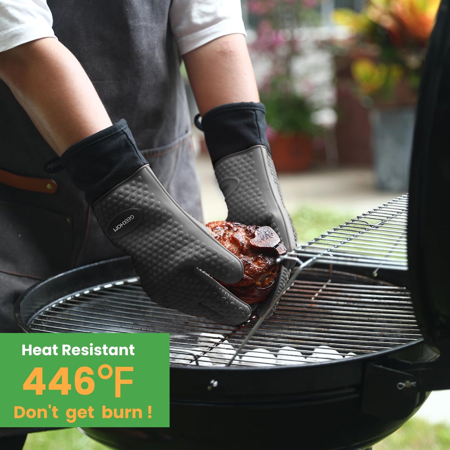 GEEKHOM BBQ Gloves, Grilling Gloves Heat Resistant Oven Gloves, Kitchen Silicone Oven Mitts, Long Waterproof Non-Slip Pot Holder for Barbecue, Cooking, Baking, Black