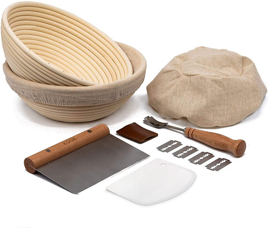 Banneton Bread Proofing Basket, Kook, Sourdough Proofing Bread Basket, Bread Banneton Proofing, Artisan Sourdough Making Baskets, 9 Inch Rattan Baskets and Cloth Liners, Set of 2, Round