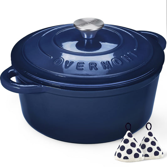 Overmont Enameled Cast Iron Dutch Oven - 5.5QT Pot with Lid Cookbook & Cotton Potholders - Heavy-Duty Cookware for Braising, Stews, Roasting, Bread Baking white
